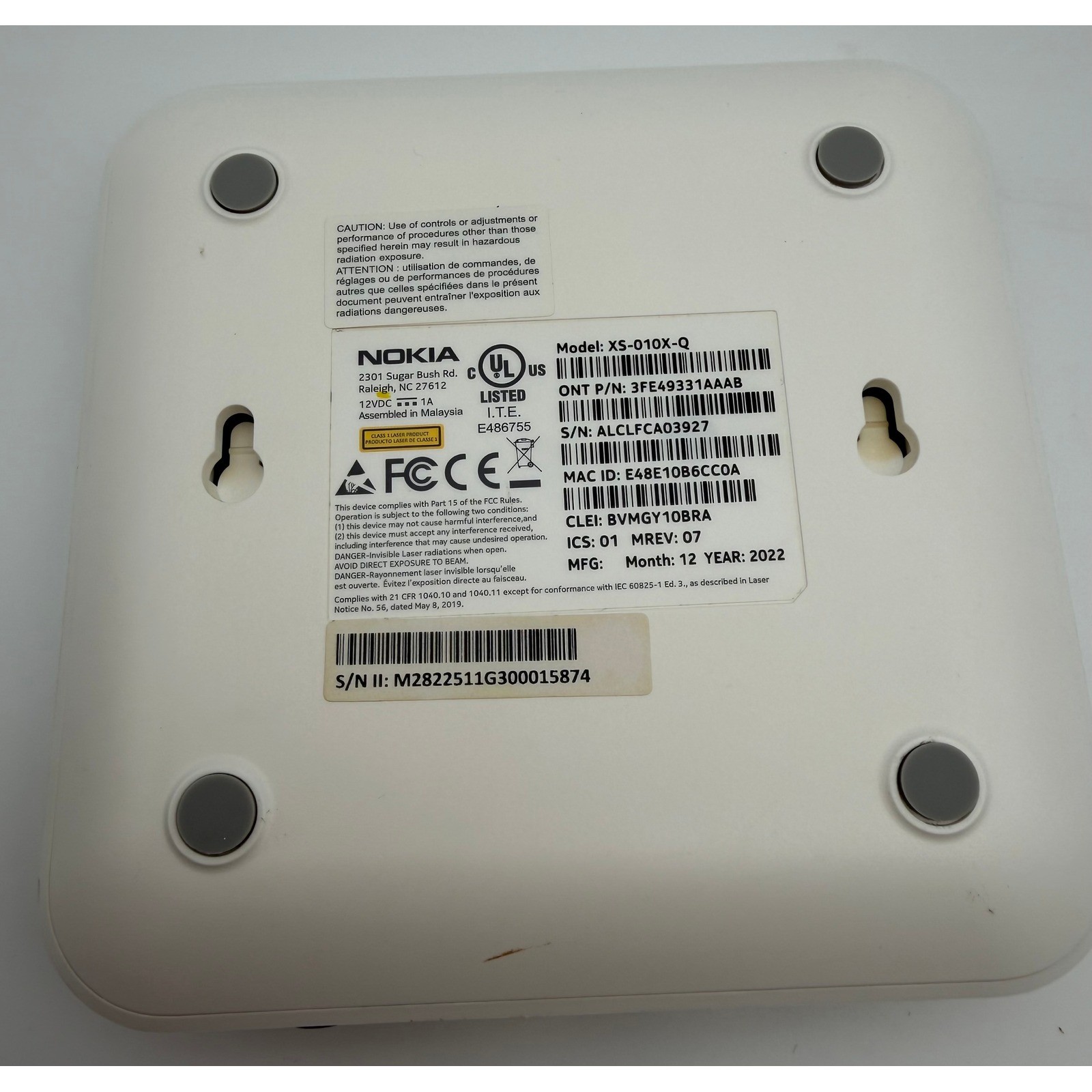 Nokia XS-010X-Q Optical Network Terminal ONT Fiber Modem White w Power Adapter