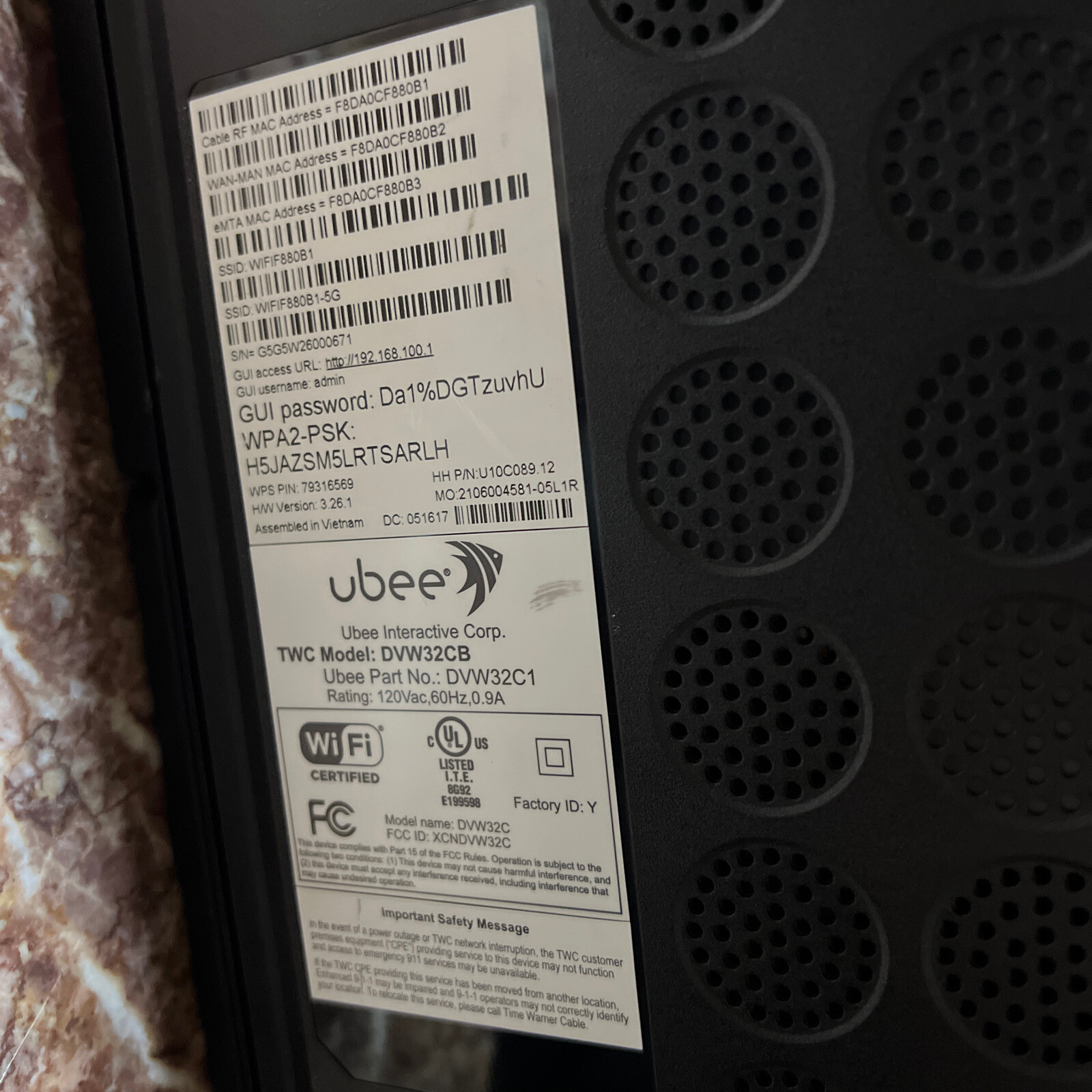 Ubee | DVW32CB | Advanced Wireless Voice Gateway Modem & Router No Power Cord