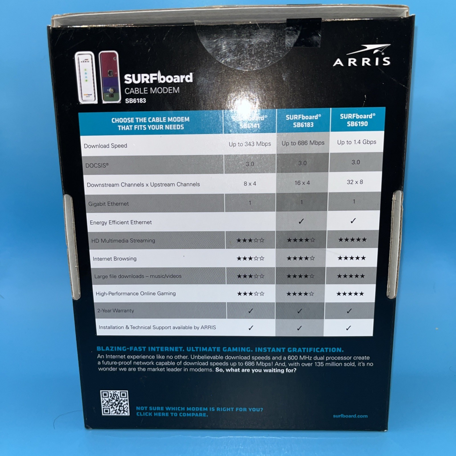 ARRIS SB6183 SURF Board 16 x 4 686 Mbps DOCSIS Speed 3.0 Cable Modem White New
