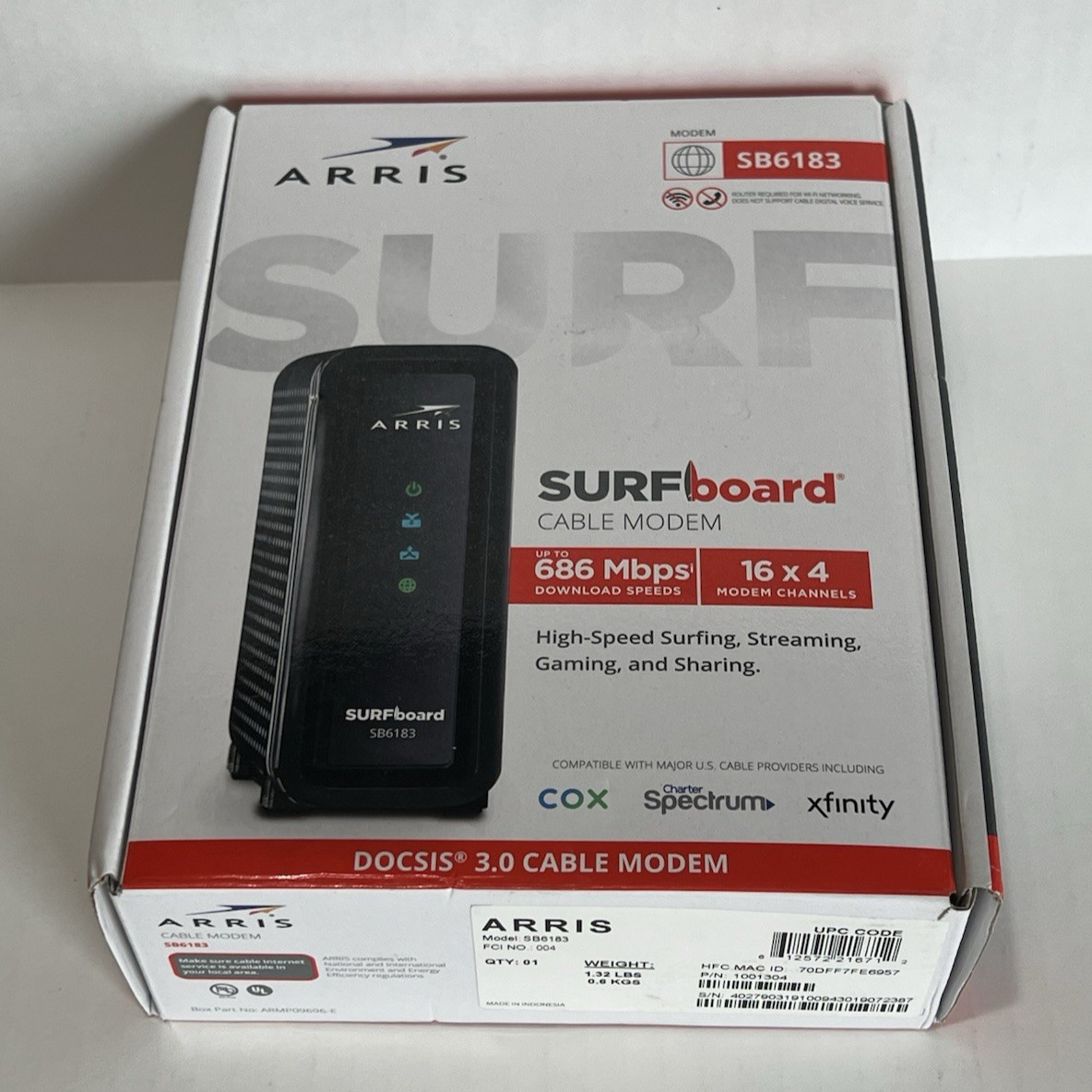 ARRIS Surfboard SB6183 DOCSIS 3.0 Cable Modem, 686 Mbps Max Fast Shipping