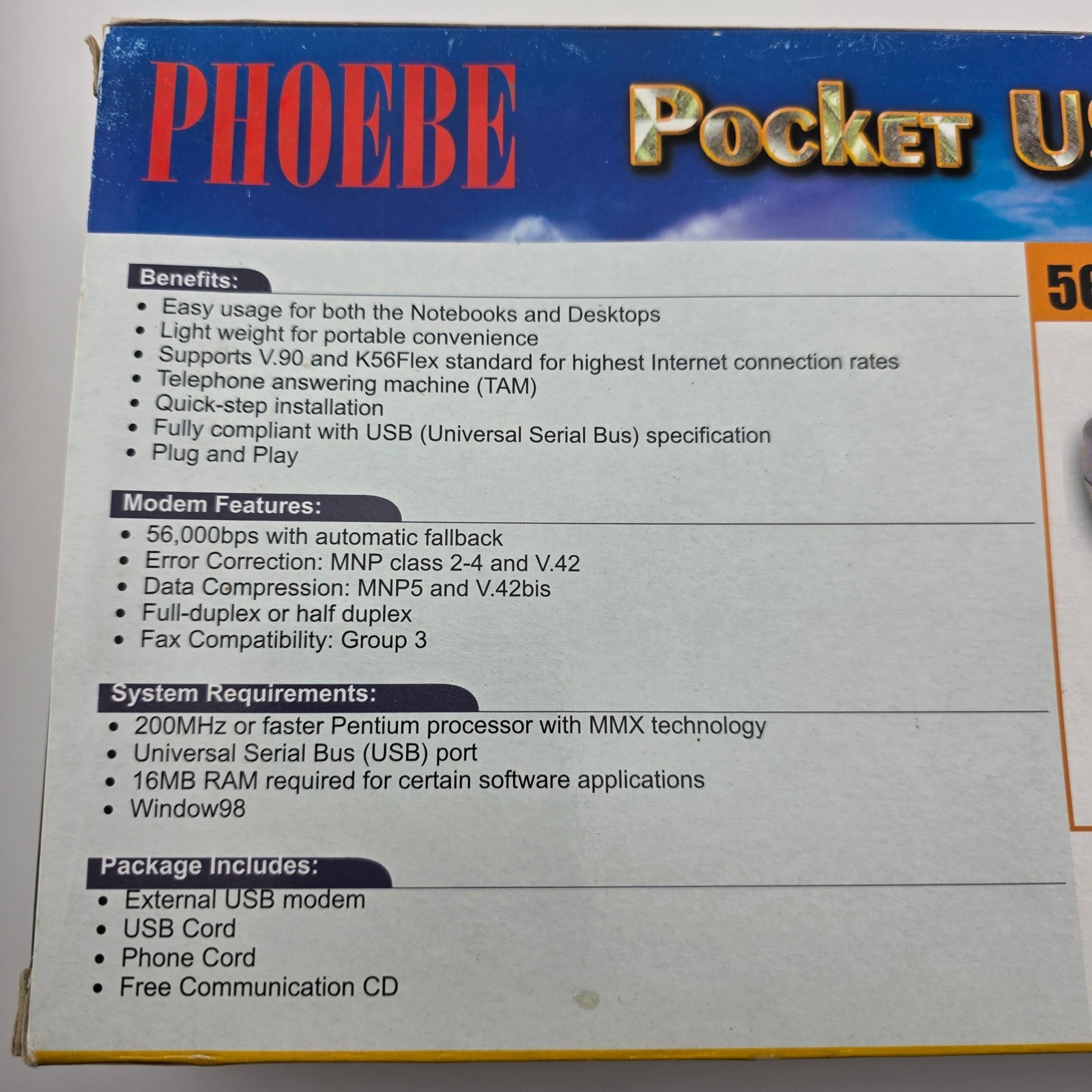 Phoebe Pocket USB 56K External Modem V.90 K56Flex Open Box NOS Sealed