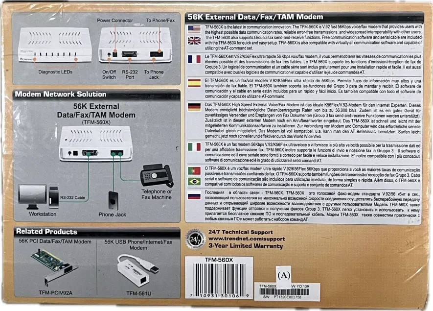 TRENDnet TFM-560X 56K External Data/Fax Modem – Brand New, Sealed in Box