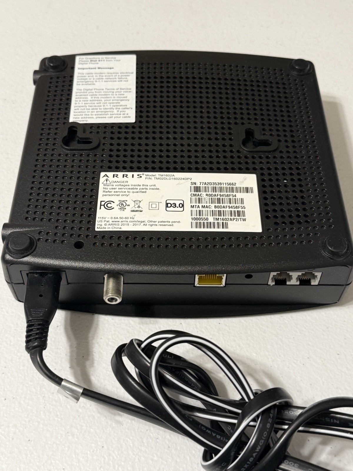 Arris TM1602A Cable Telephone Modem