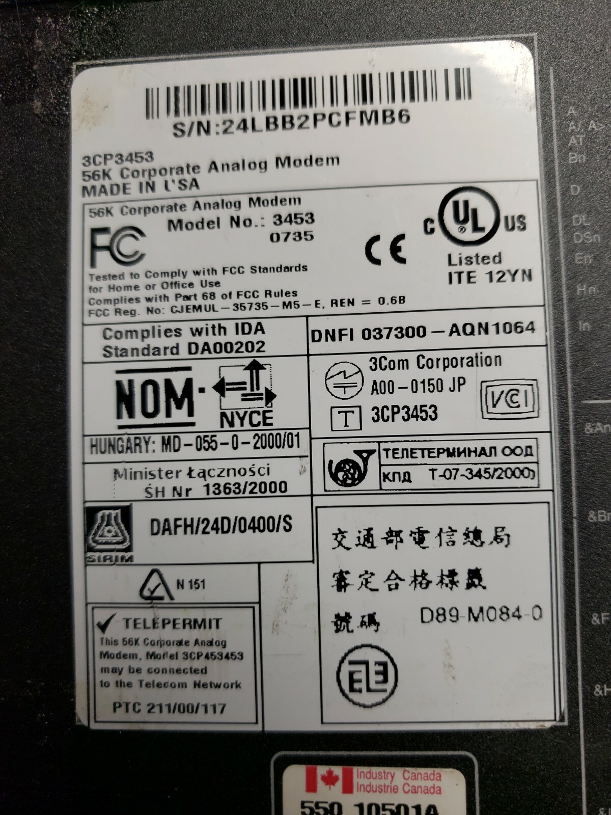 3Com Courier 3453 56K Modem 3CP3453 Black tested No Power Adapter included