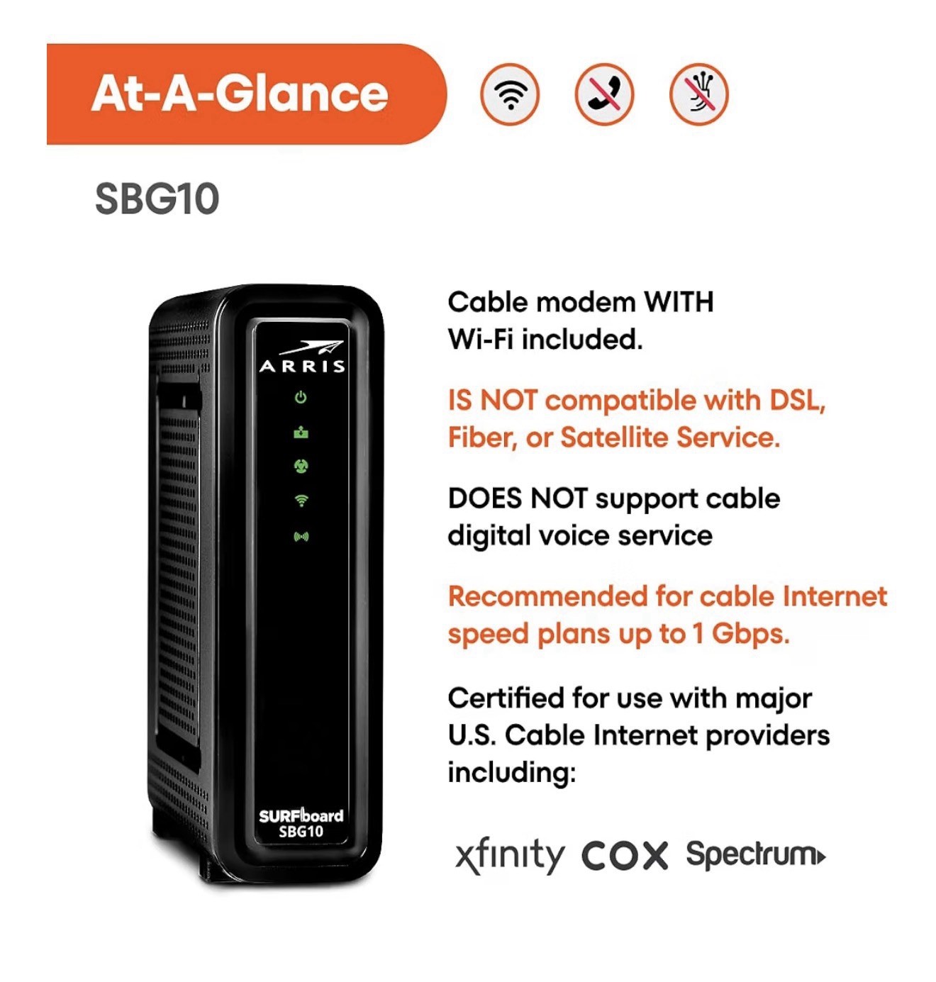 ARRIS SBG10 DOCSIS 3.0 Cable Modem Router AC1600 Xfinity Cox Spectrum