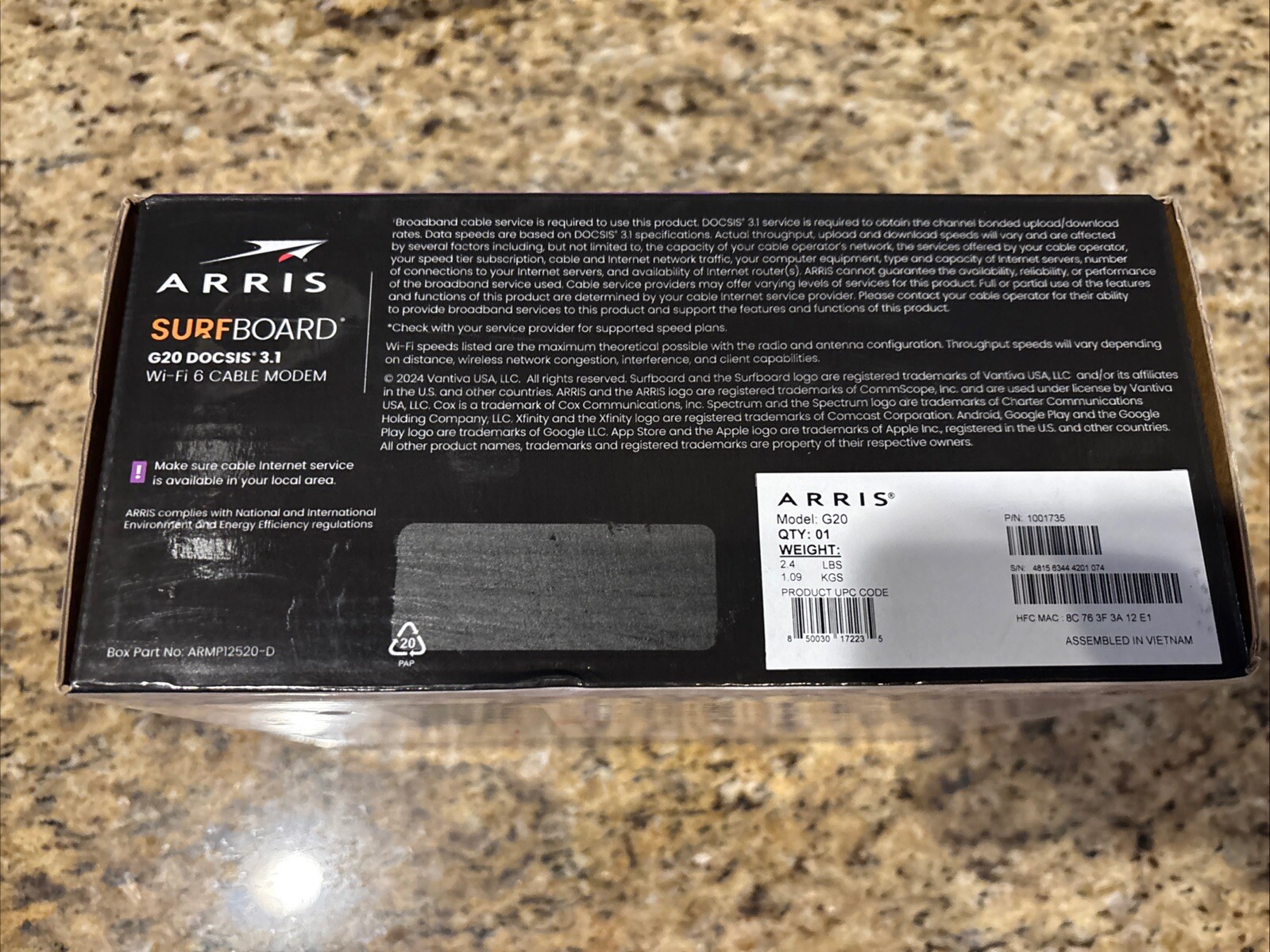 ARRIS – SURFboard G20 DOCSIS 3.1 Cable Modem AX3000 ROUTER *Open-box/New*
