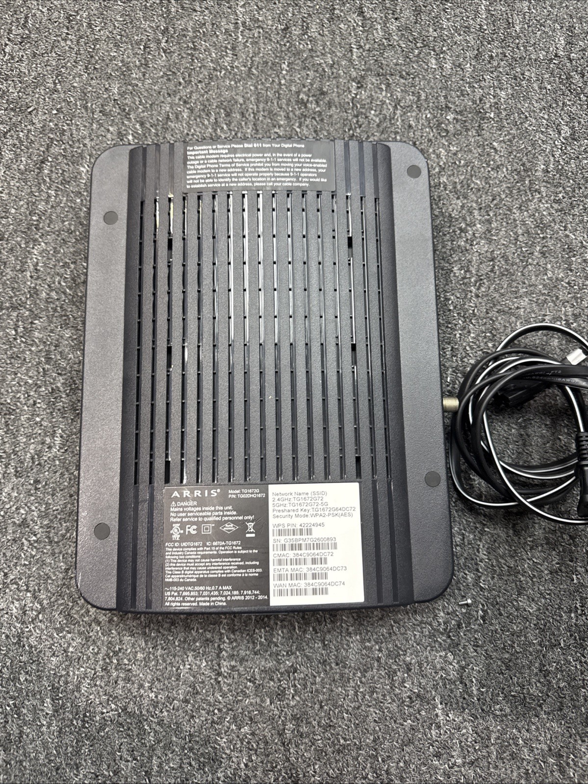 Arris TG1672G Touchstone Telephony Gateway WIFI (2.5/5.0GHz) Cable Modem/Router