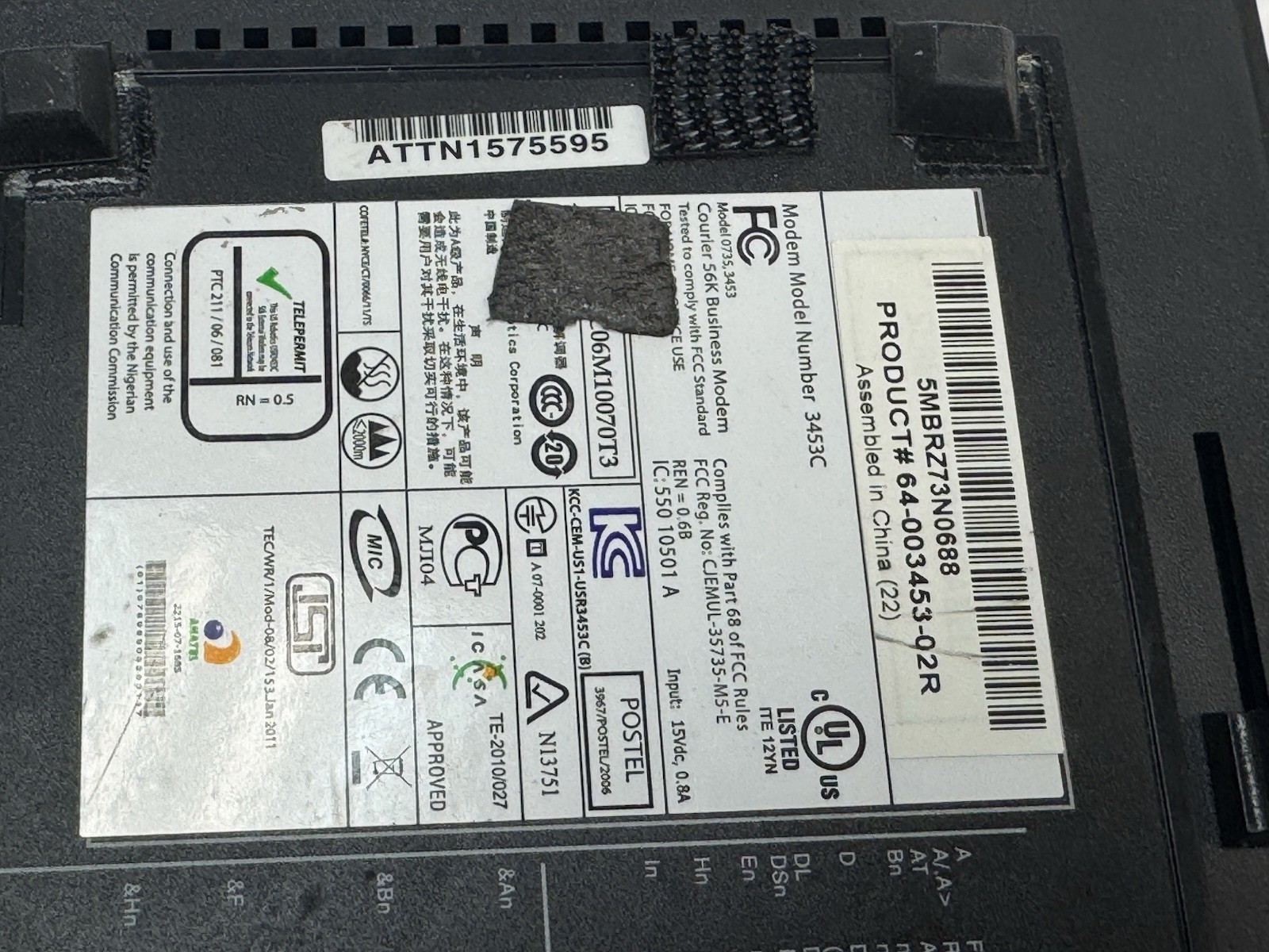 USRobotics Courier 56K Business Modem 3453C 56 Kbps W/. Ac Power Adapter