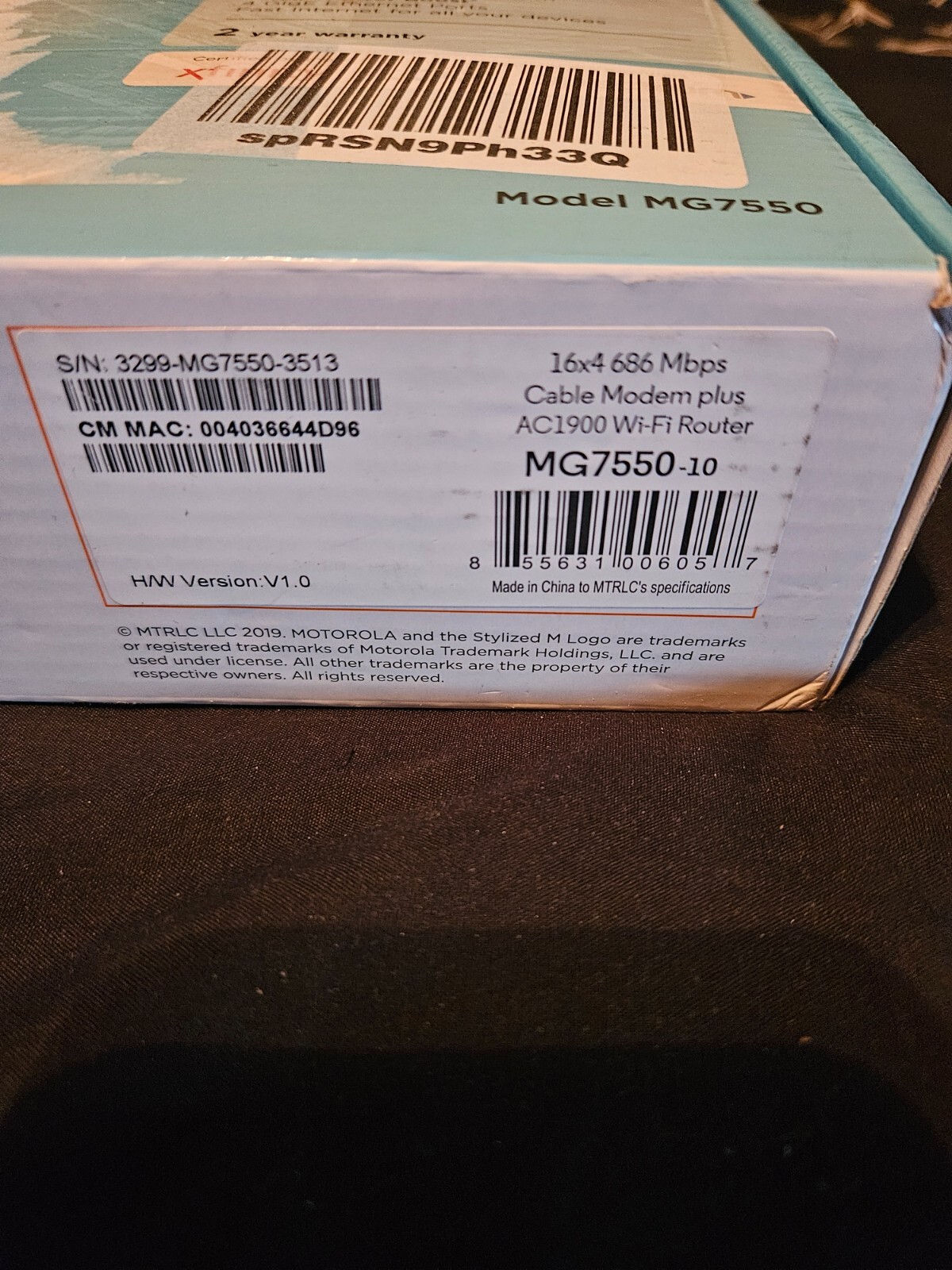 Motorola MG7550 16×4 DOCSIS 3.0 Cable Modem Plus AC1900 WiFi Router NEW OPEN BOX