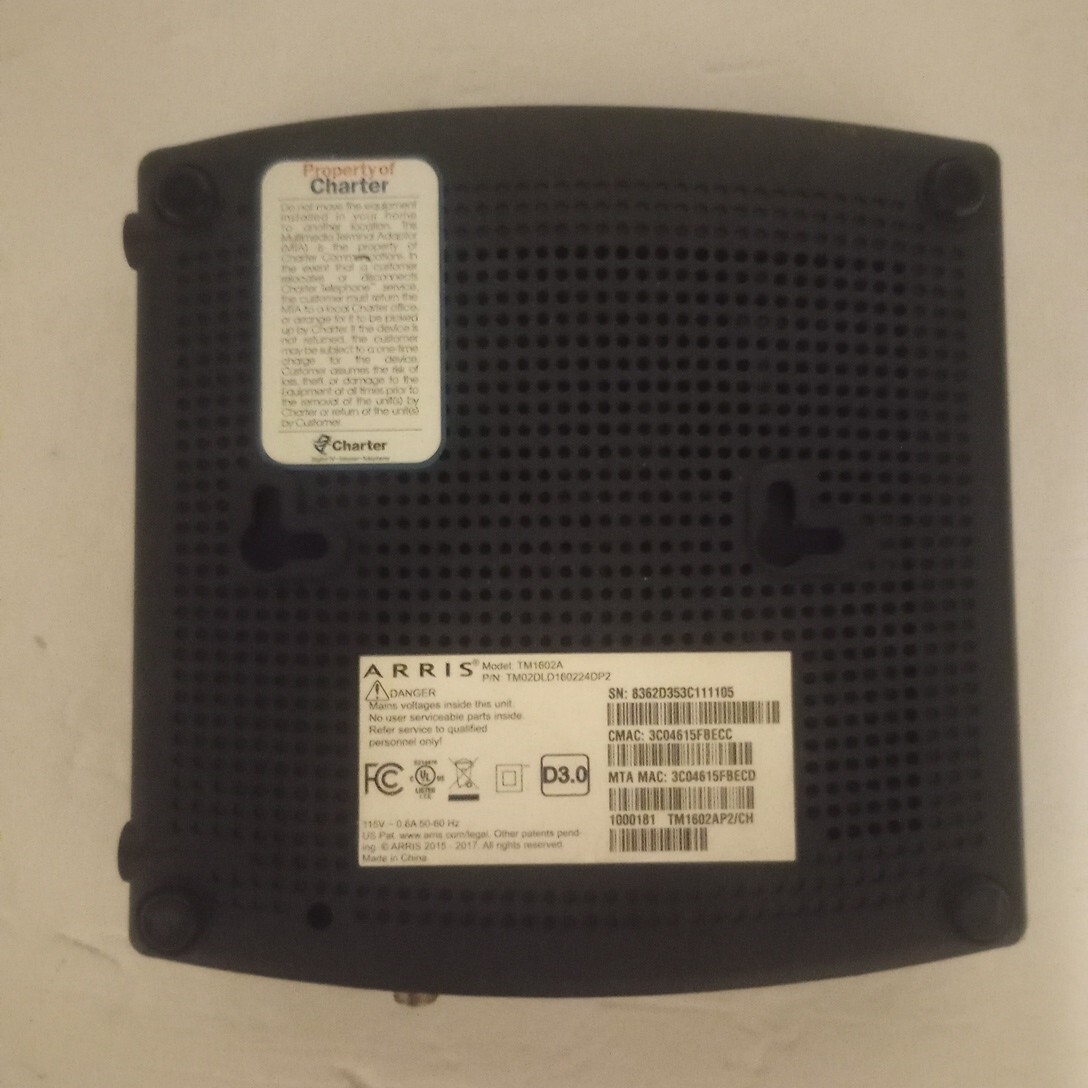 Arris TM1602A DOCSIS 3.0 Telephony Cable Modem Optimum Cablevision Charter-USED
