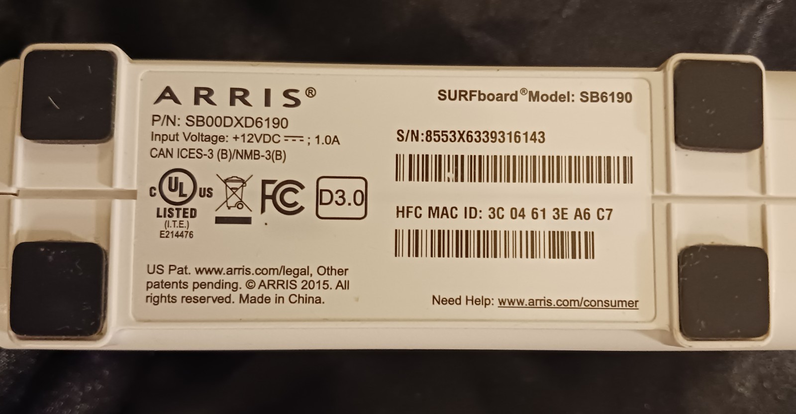 ARRIS SURFboard SB6190 DOCSIS 3.0 Cable Modem 1.4Gbps Intel 1-Port Cox White