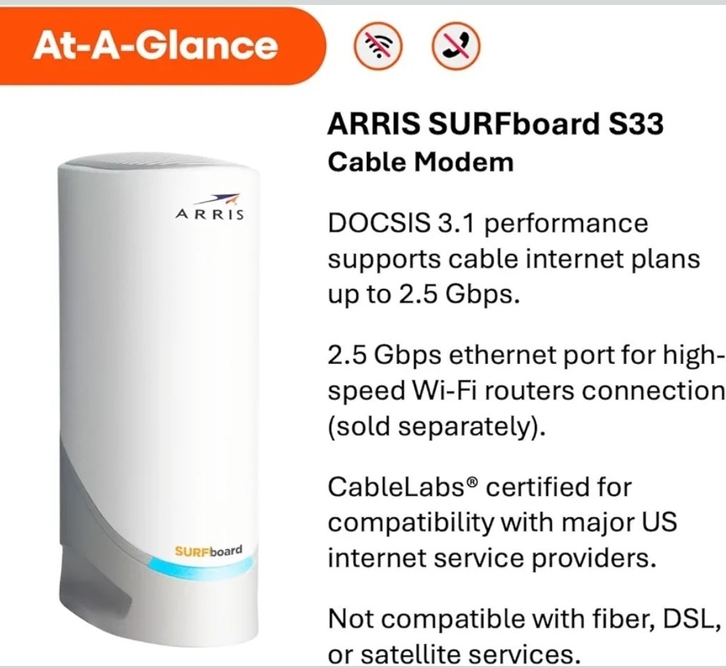 ARRIS SURFboard S33 DOCSIS 3.1 Multi‑Gig Cable Modem | 2.5Gbps + 1Gbps Ethernet