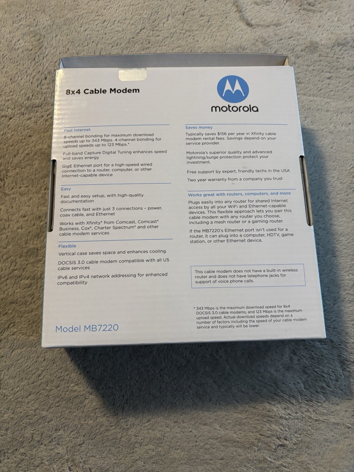 Motorola 8×4 Cable Modem Model MB7220, 343 Mbps DOCSIS 3.0