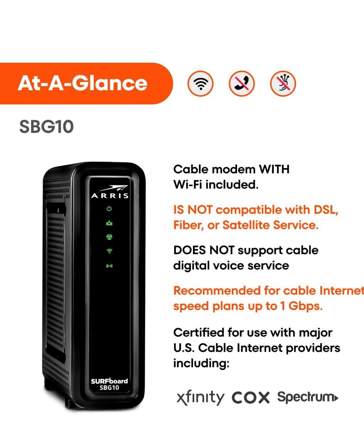 ARRIS(SBG10)-Cable Modem Router Combo- DOCSIS 3.0. WiFi Internet Speeds