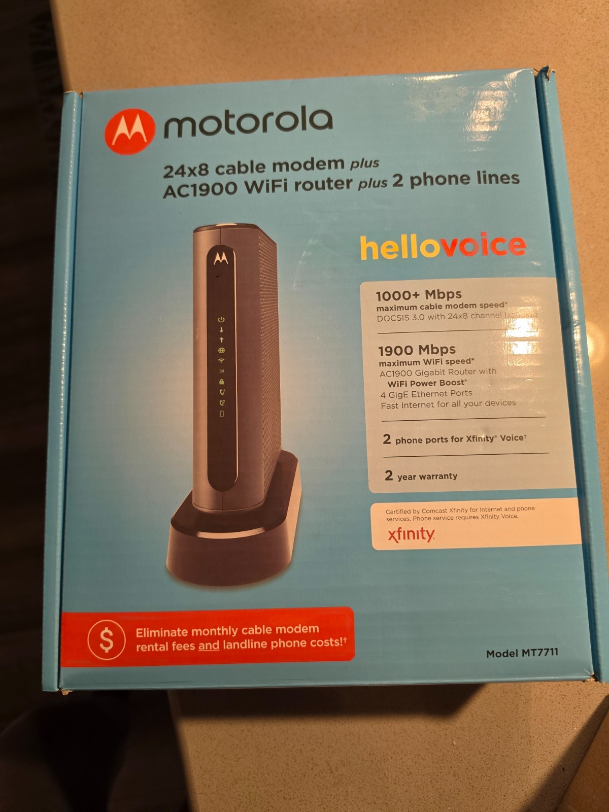 Motorola MT7711 24X8 Cable Modem and AC1900 Dual Band Wi-Fi Gigabit Router.