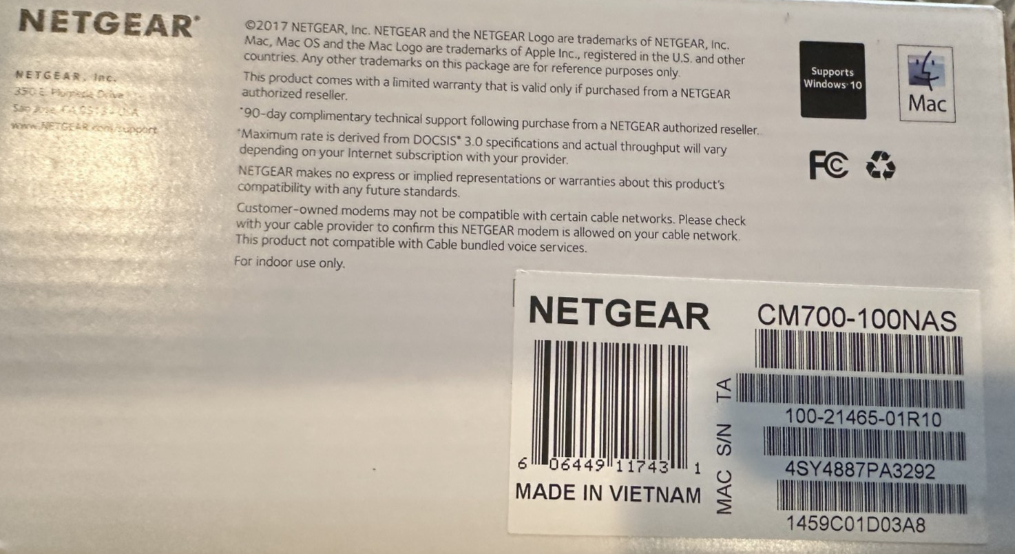 NETGEAR CM700-100NAS Cable Modem