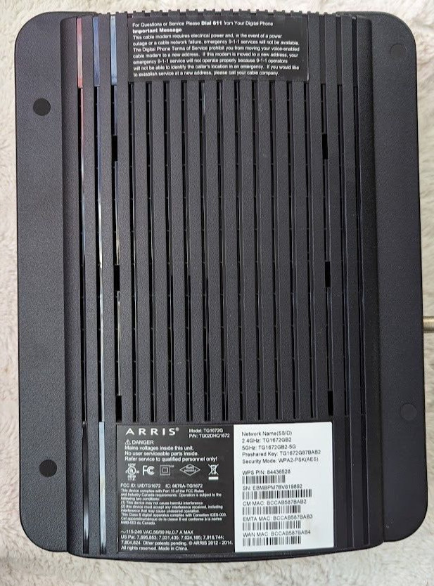 Arris TG1672G Telephony Gateway WIFI Dual Band 2.4GHz 5.0GHz 4 Port Modem (g8)
