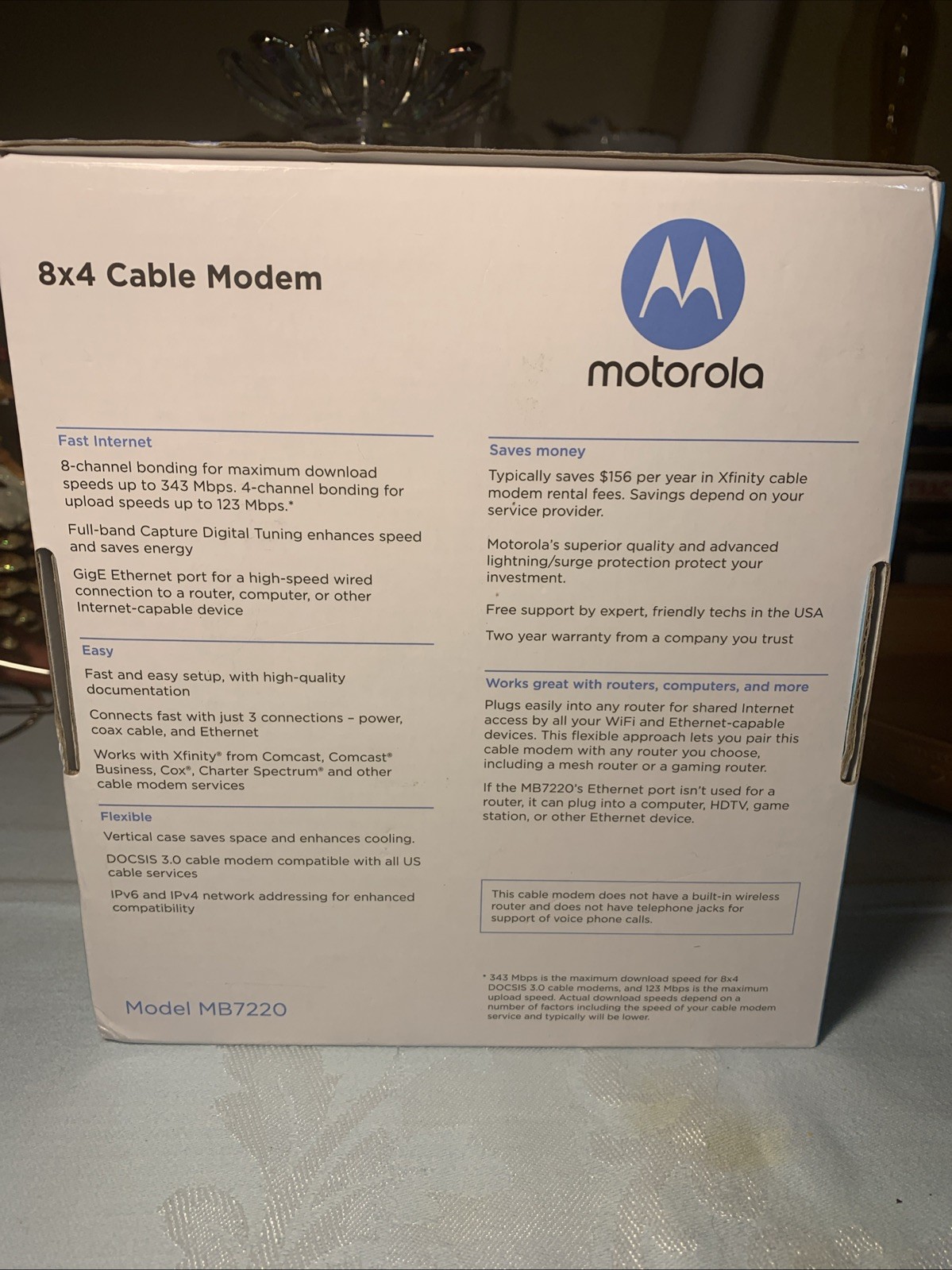 Motorola 8 By 4 Cable Modem,Model MB7220.New In Open Box.