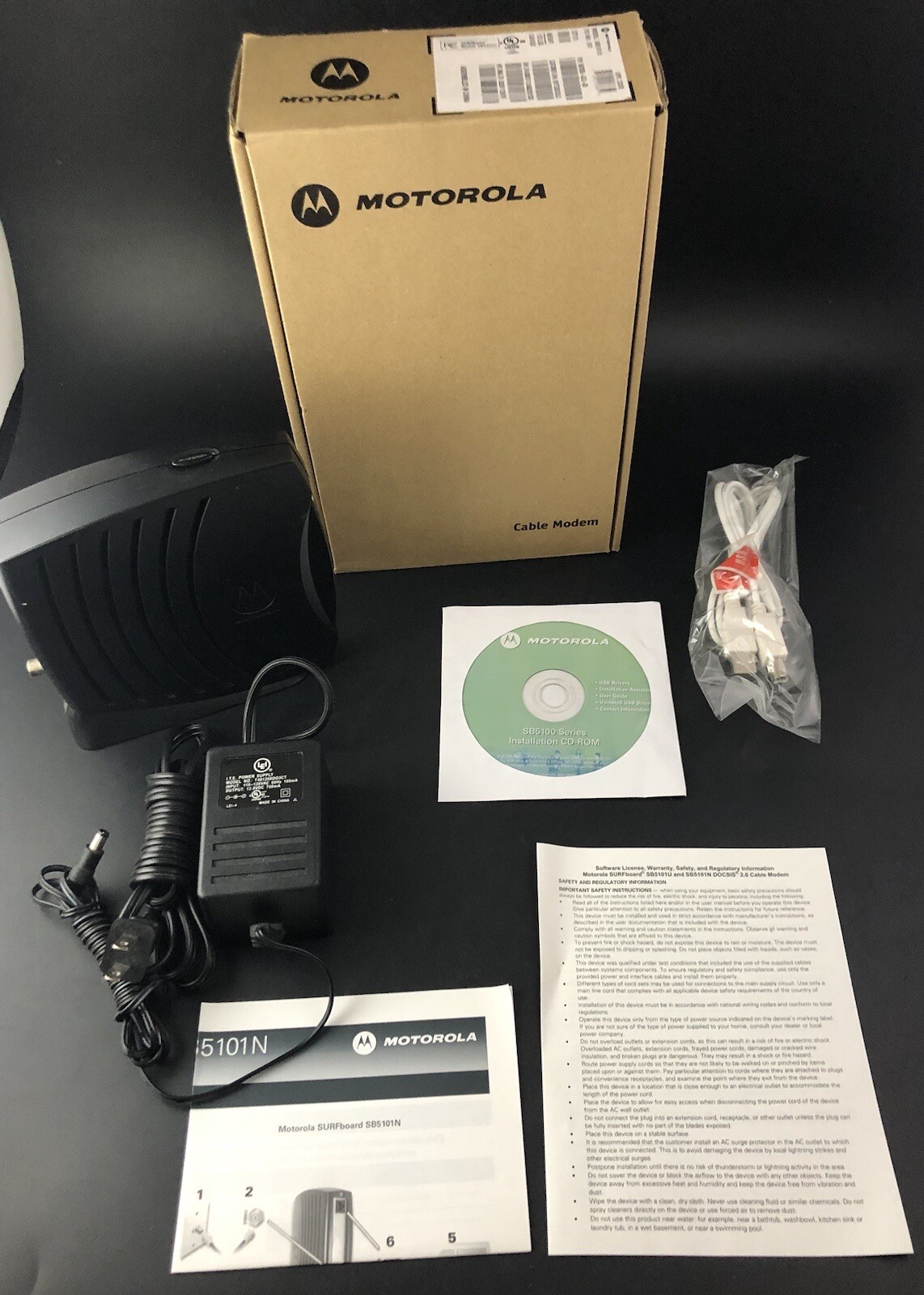 Motorola Cable Modem Surfboard W Cables Guide & Disk Original Box SB5101U Vh2