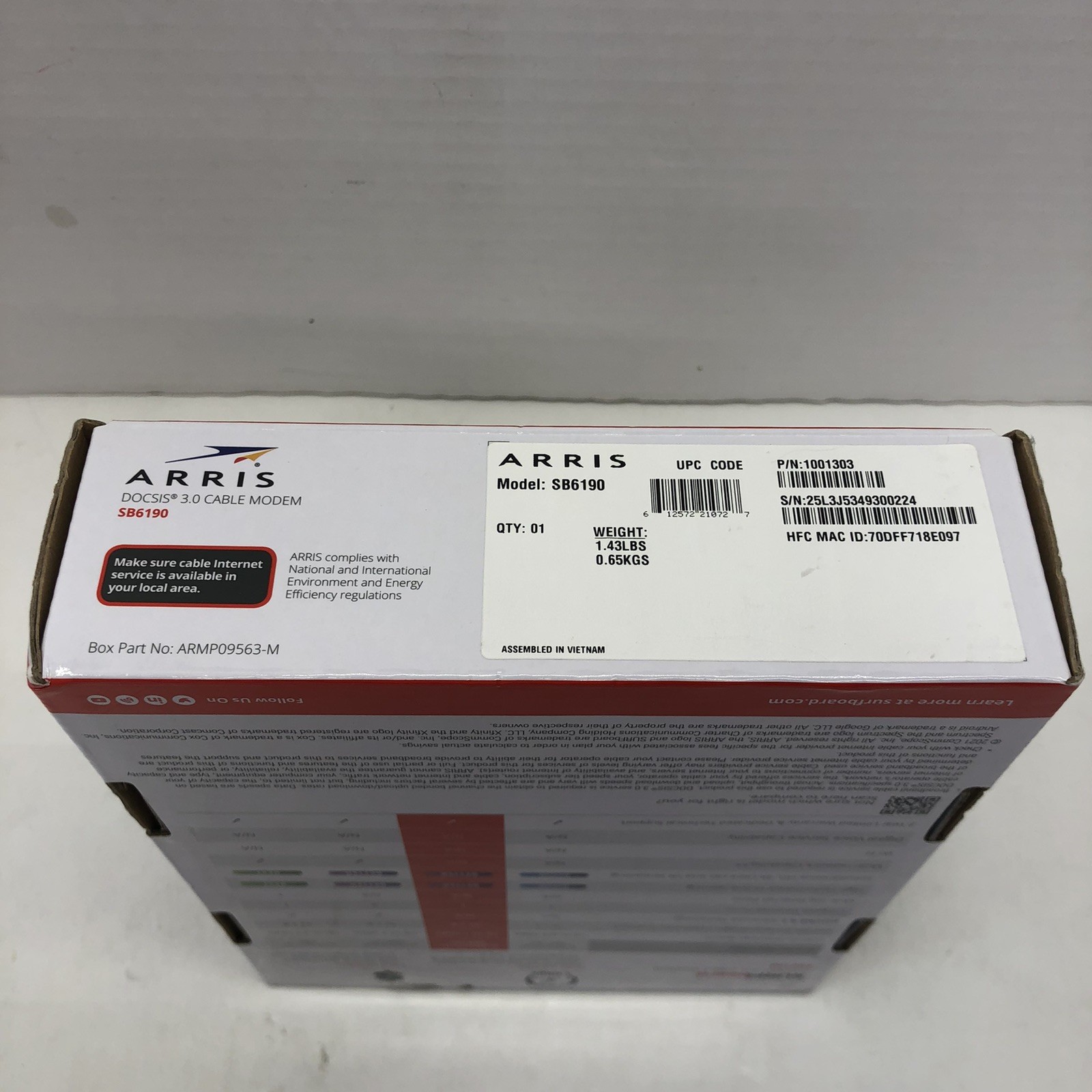 ARRIS SURFboard SB6190 DOCSIS 3.0 32 x 8 Gigabit Cable Modem White Open Box