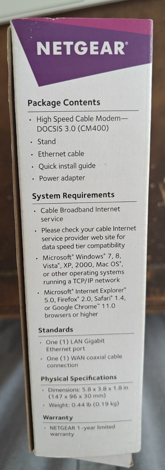 Netgear DOCSIS 3.0 (CM400-100NAS) 340 Mbps 8 x 4 Channel Bonding