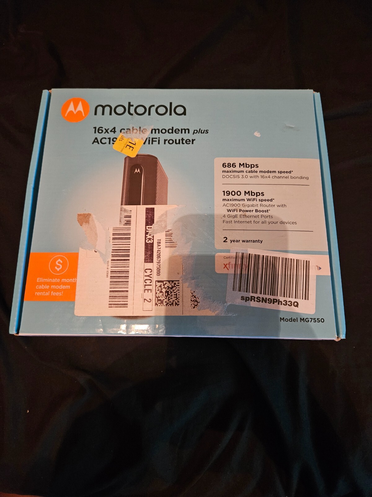 Motorola MG7550 16×4 DOCSIS 3.0 Cable Modem Plus AC1900 WiFi Router NEW OPEN BOX