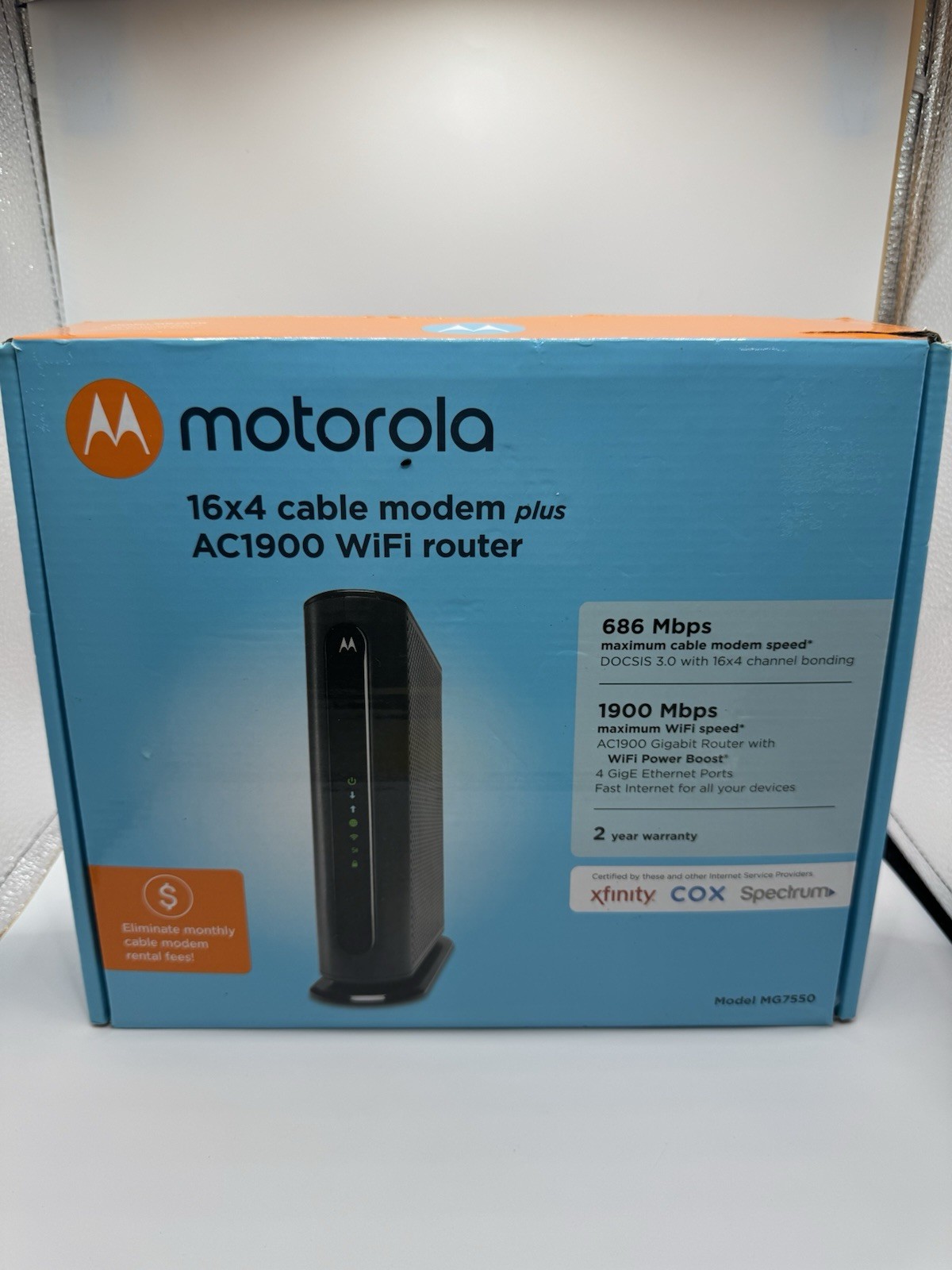 Motorola MG7550 16×4 Cable Modem Plus AC1900 WiFi Router Never Used