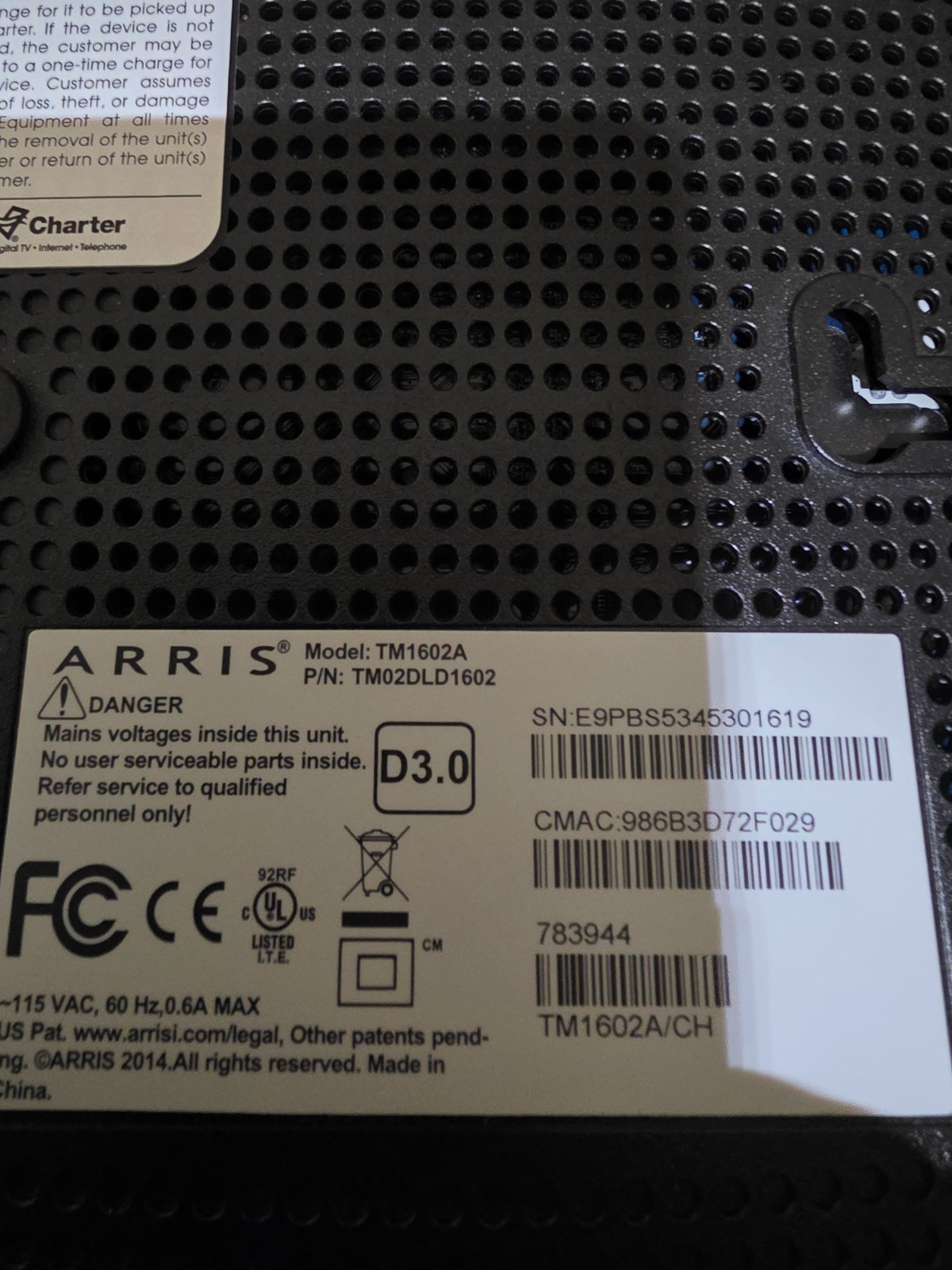 Arris TM1602A Docsis 3.0 Telephony Cable Modem for Optimum Cablevision OTHER