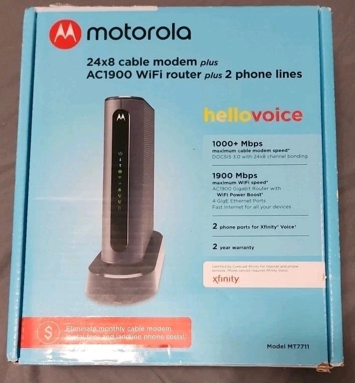 Motorola 24×8 Cable Modem + AC1900 WiFi Router + 2 Phone Line for Xfinity MT7711