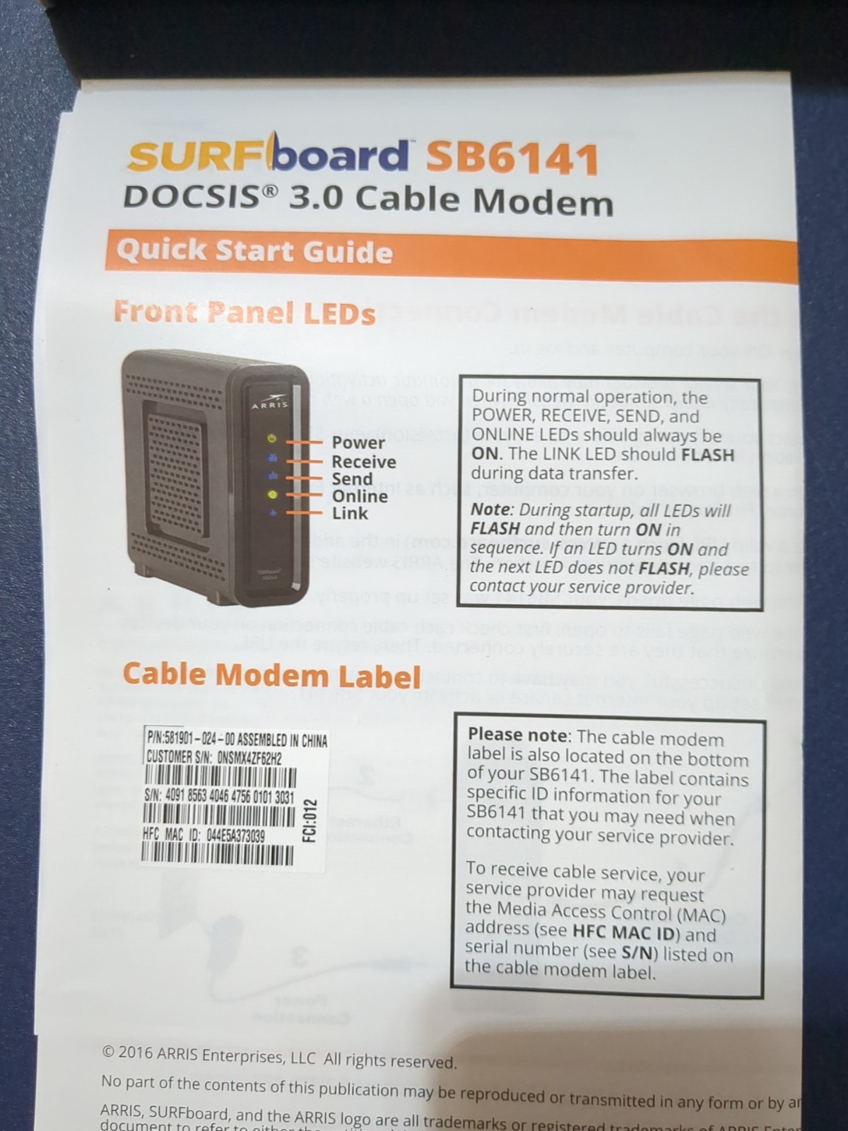 ARRIS SURFboard SB6141 Surf Board Cable Modem Docsis 3.0 HD Windows 5″X5″ Black