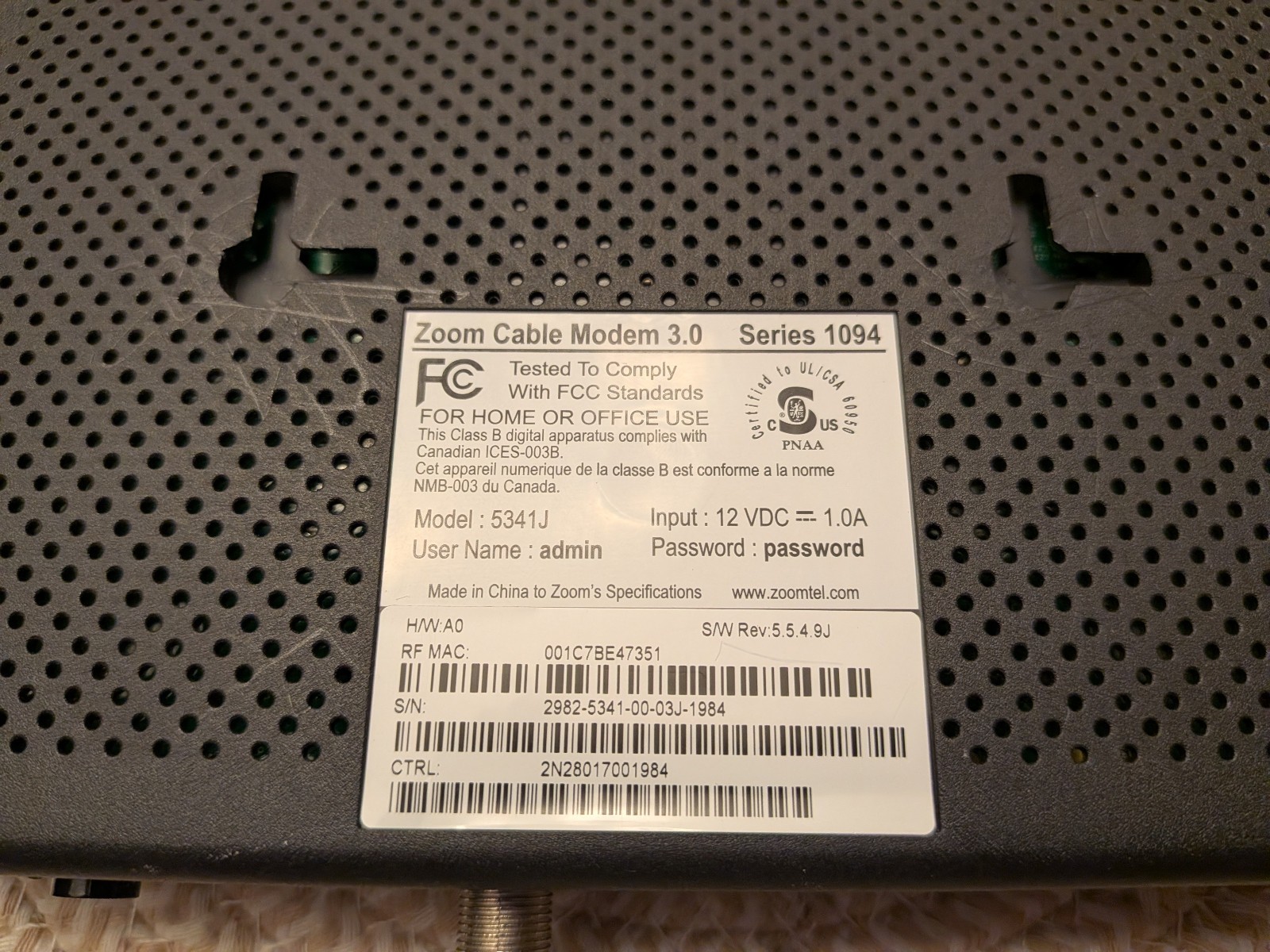 Zoom Cable Modem 3.0 – Series 1094 Model 5341J DOCSIS 3.0 Used