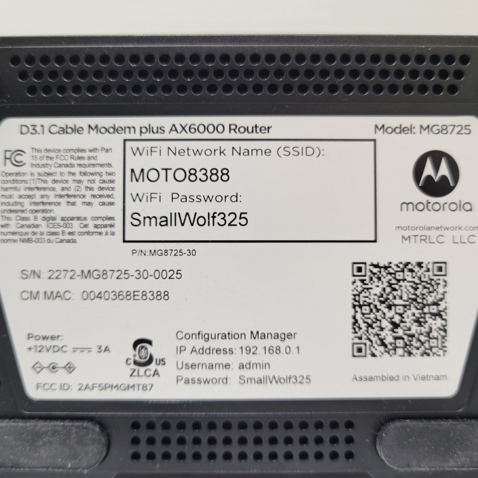 MOTOROLA MG8725 DOCSIS 3.1 AX6000 WIFI 6 MULIT-GIG 2 IN 1 CABLE MODEM ROUTER