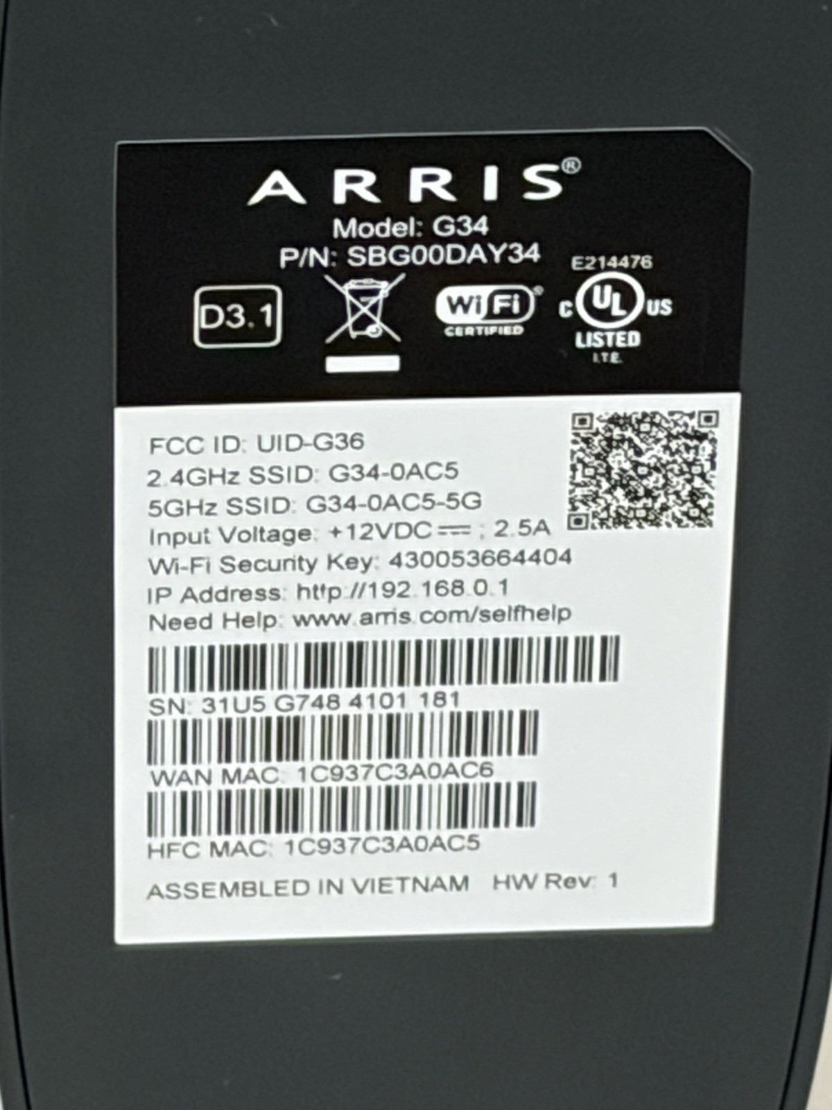 ARRIS SURFboard G34 DOCSIS 3.1 Wi-Fi 6 AX3000 Cable Modem Router w/ Box Tested