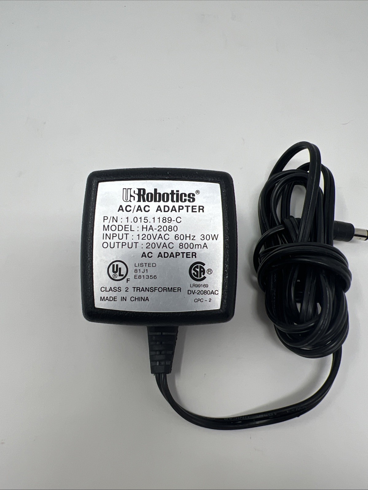 US Robotics External Fax/Modem 20VAC 800mA Adapter Power PN 1.015.1189-C HA-2080