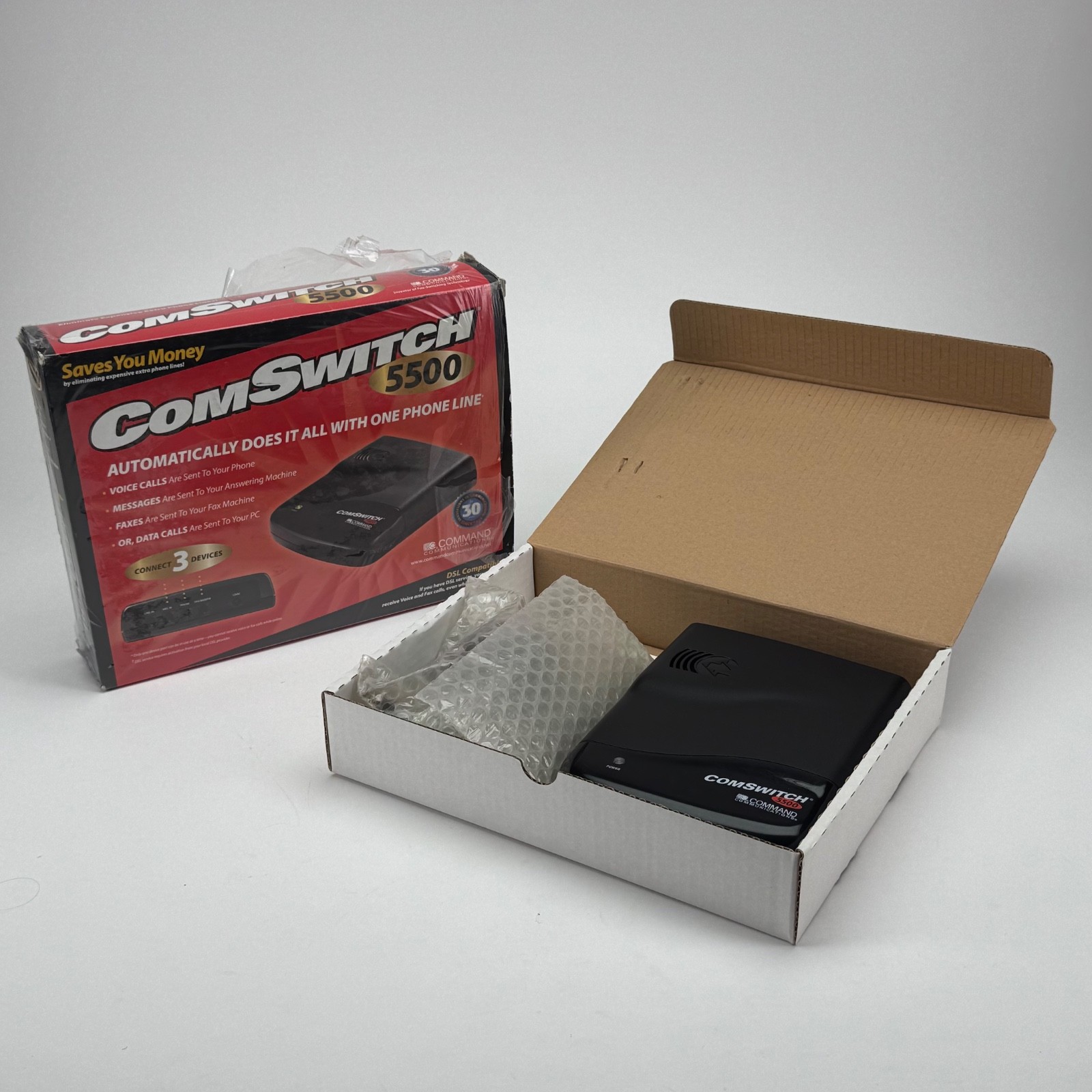 ComSwitch 5500 Phone Line Sharing Switch DSL Fax Modem Router Box w Adapter