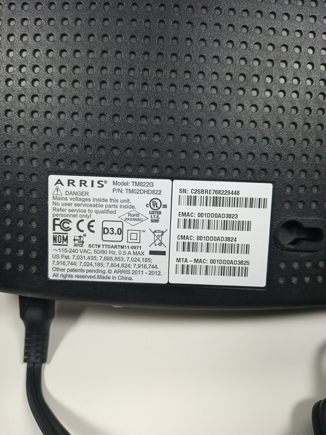 ARRIS Touchstone TM822 Telephony Cable Modem Optimum (USED)