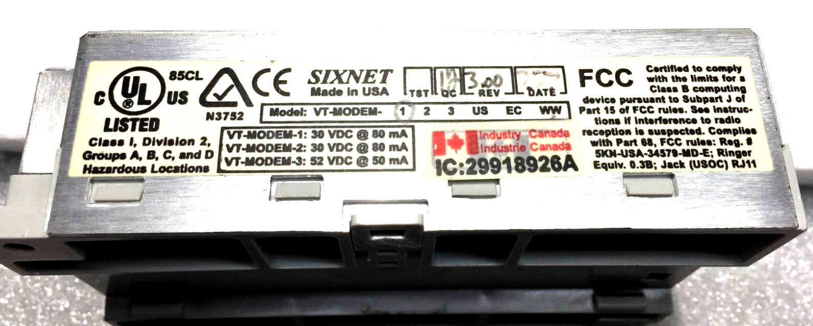 NEW SIXNET VT-MODEM -1 INDUSTRIAL MODEM HAZ LOCATIONS CLASS-1 DIV2 GRPS ABCD