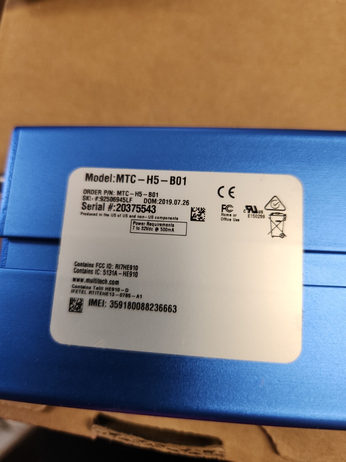Multi-Tech MultiConnect Cell MTC-H5-B01 SERIAL 20375543