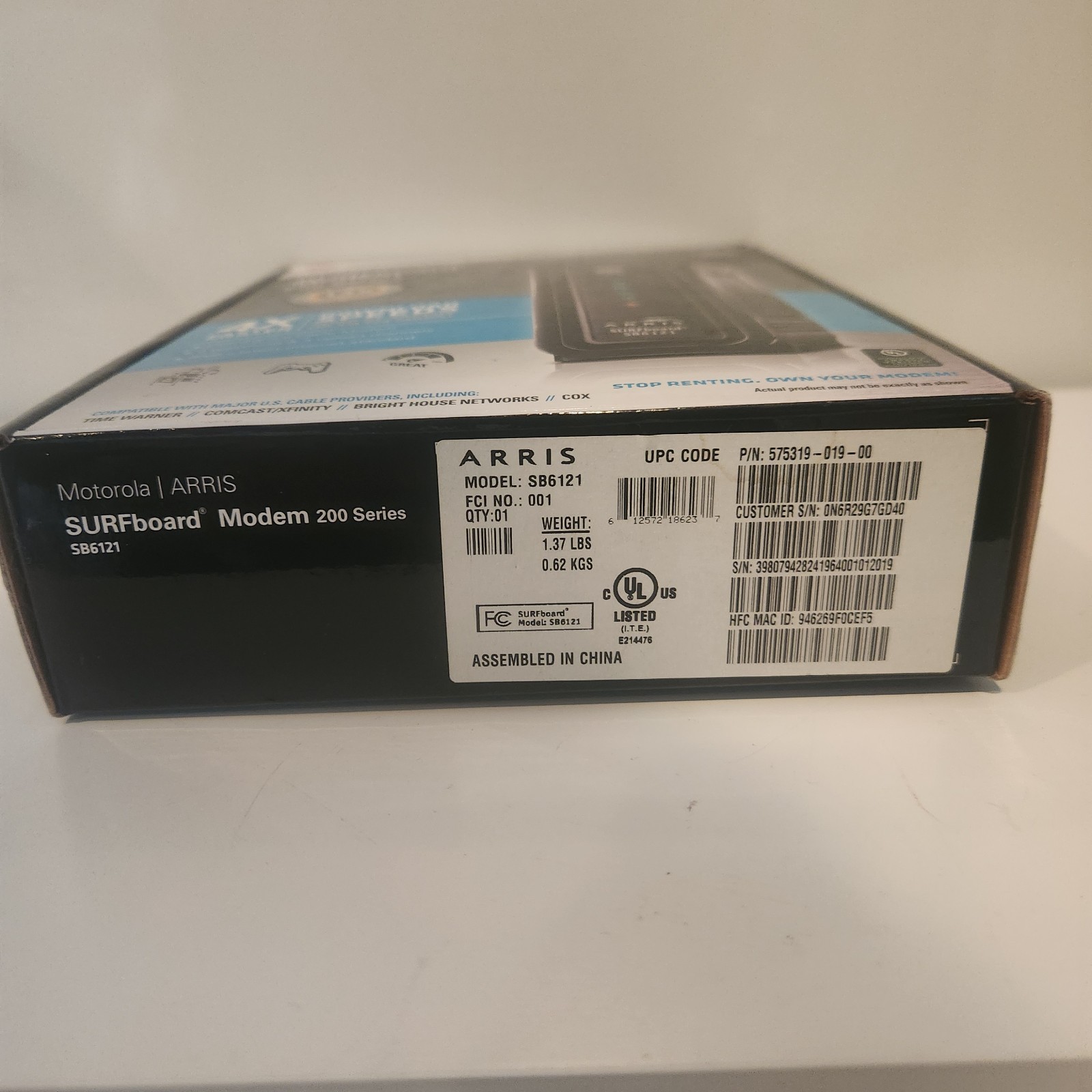 Motorola ARRIS SURFboard SB6121 4×4 DOCSIS 3.0 Cable Modem No Ethernet Cable.