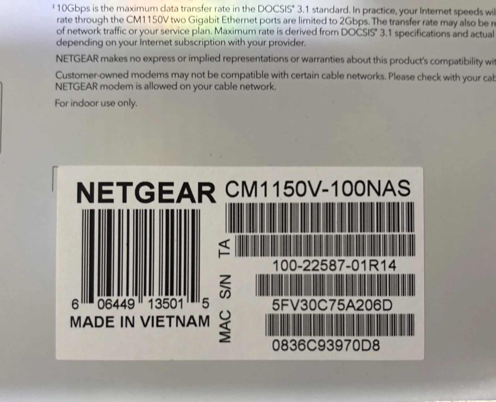 NETGEAR CM1150V Nighthawk Multi-Gig Speed Cable Modem for XFINITY Voice