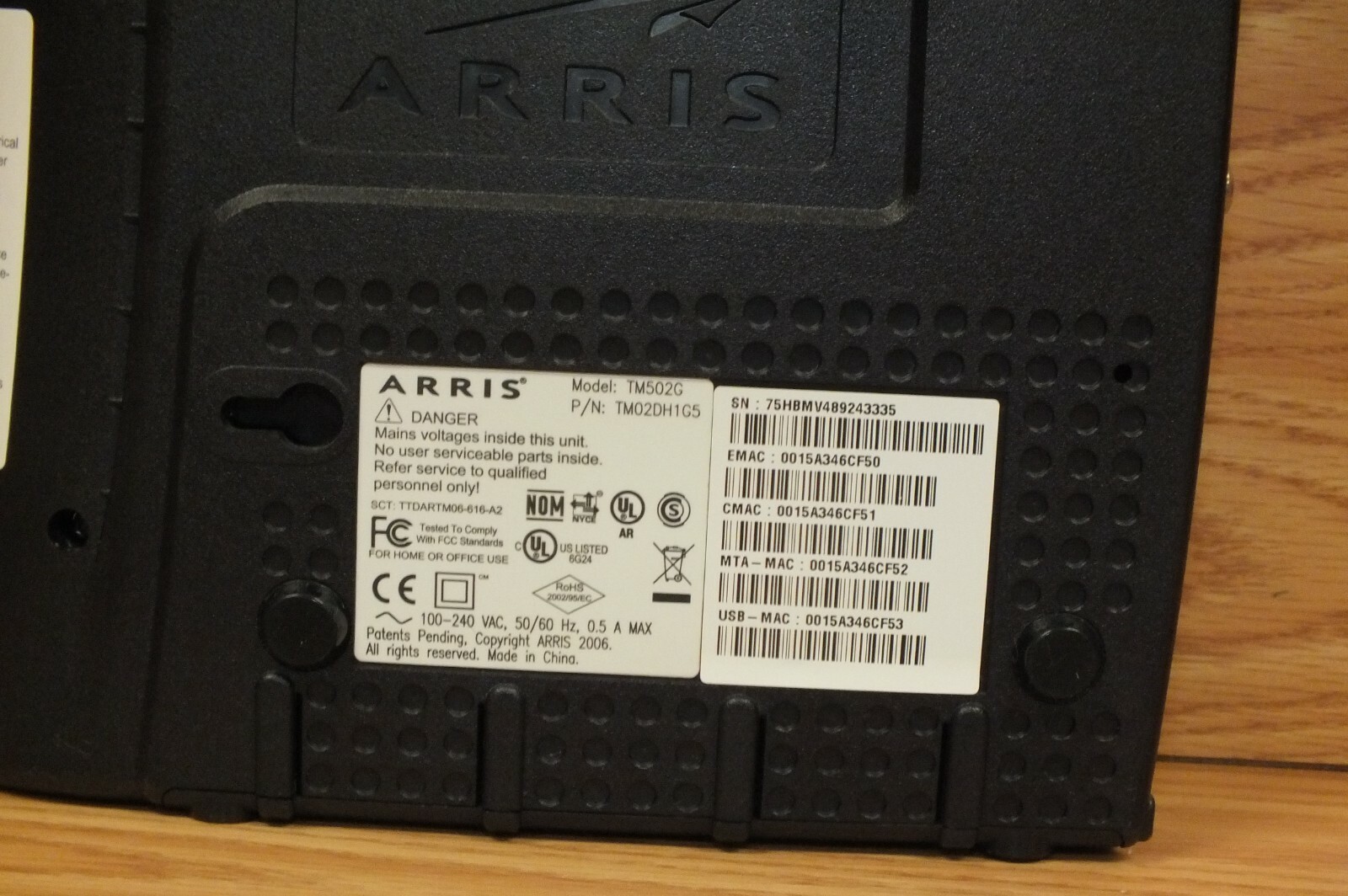ARRIS Touchstone Telephoney Modem TM502G With AC Power Cord & Battery Backup