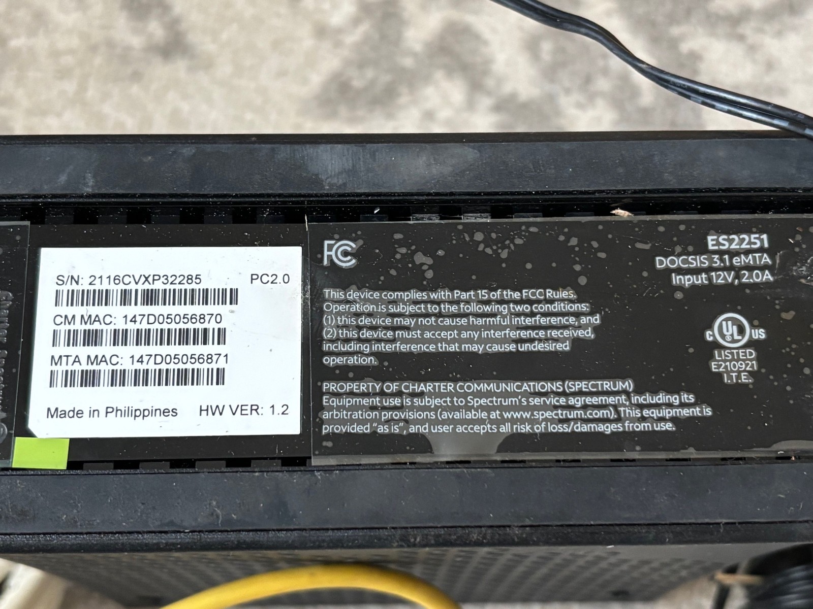 Spectrum 3.1 eMTA Docsis 3.1 Advanced Voice Modem (ES2251) – Adapter & Cords