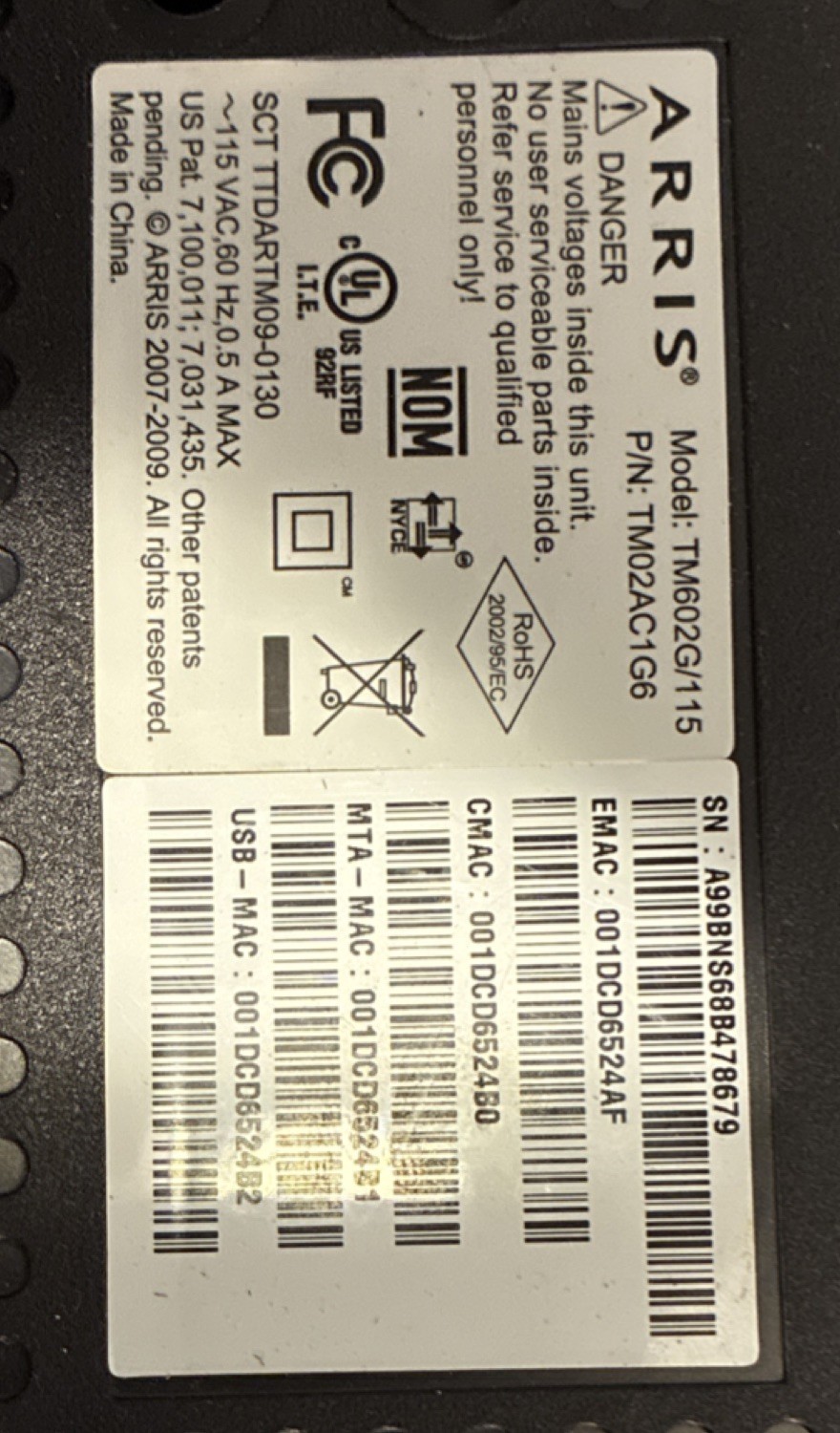 ARRIS TM602G/115 Cable Modem Black Ethernet USB Telephone Jack