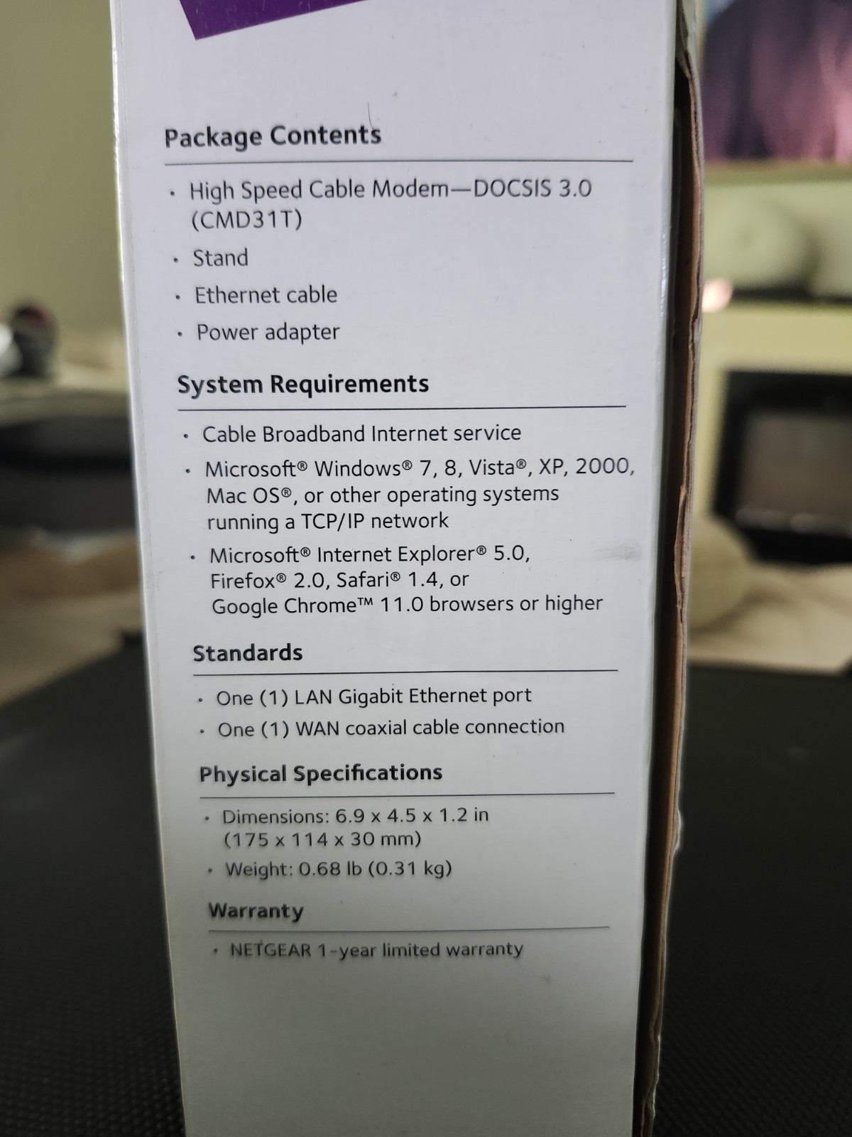 Netgear CMD31T High Speed Cable Modem DOCSIS 3.0 NEW IN OPEN BOX