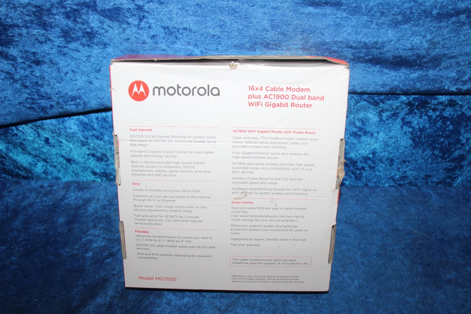 New Motorola MG7550 16×4 Cable Modem plus AC1900 Wifi Router with Power Boost
