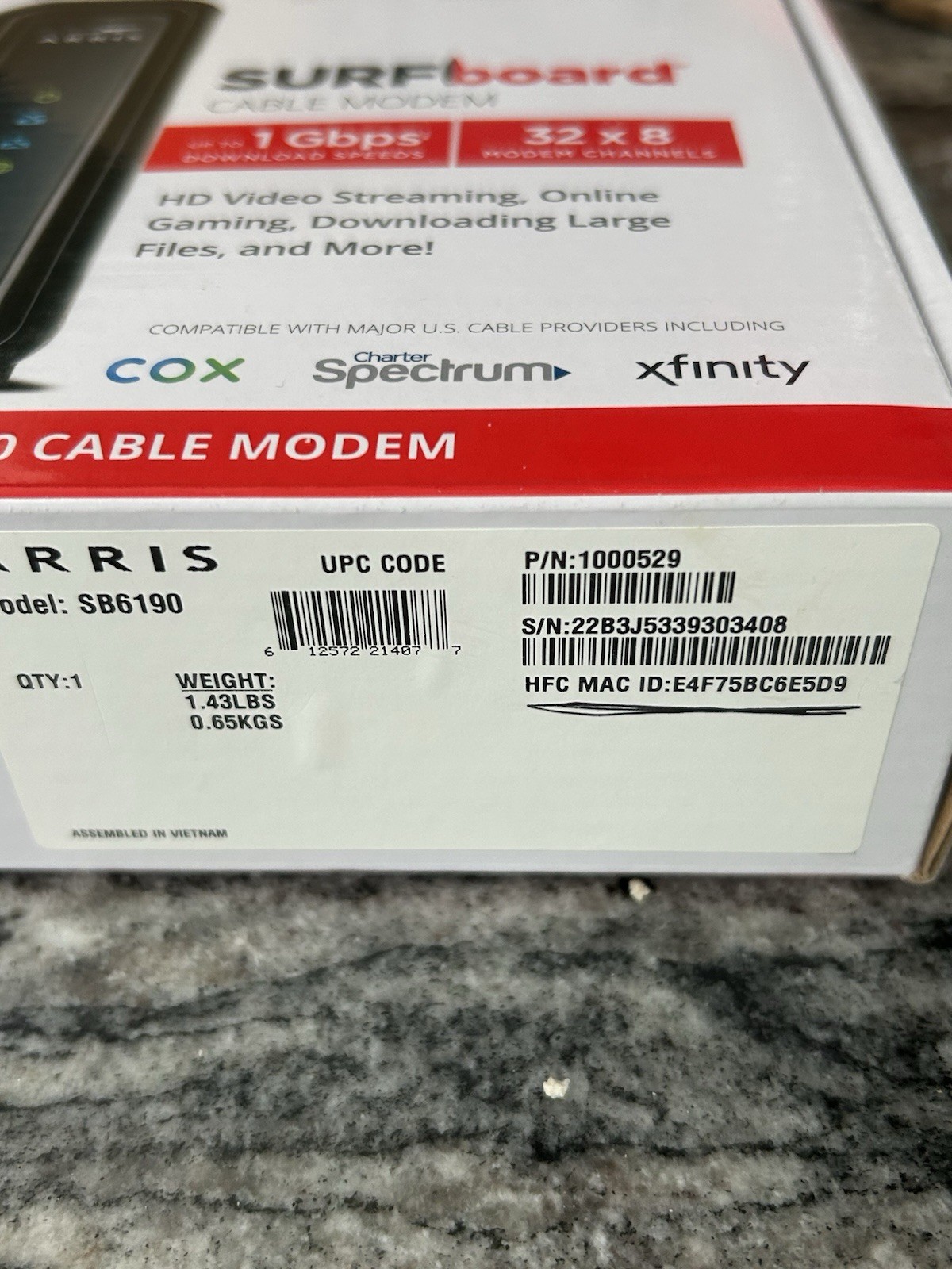 ARRIS SURFboard SB6190 DOCSIS 3.0 Cable Modem 1Gbps HD Streaming Gaming Spectrum