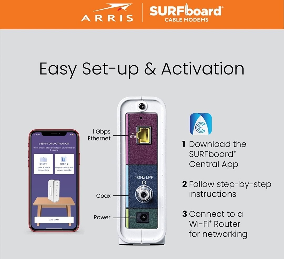 Arris Surfboard Docsis 3.0 Cable Modem SB6190 Cox SPECTRUM Comcast XFINITY BLACK