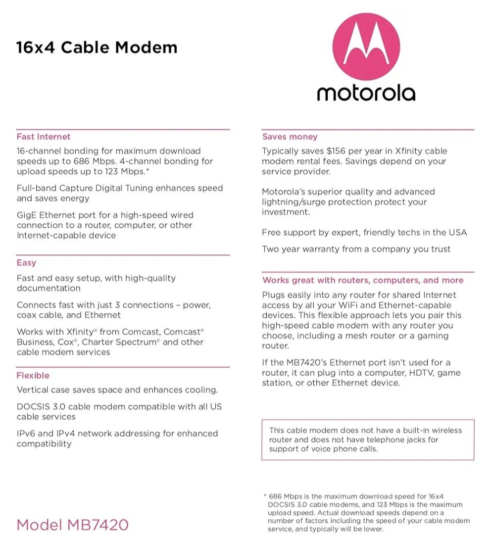 Motorola MB742010 686mbps DOCSIS 3.0 Cable Modem Refurbished