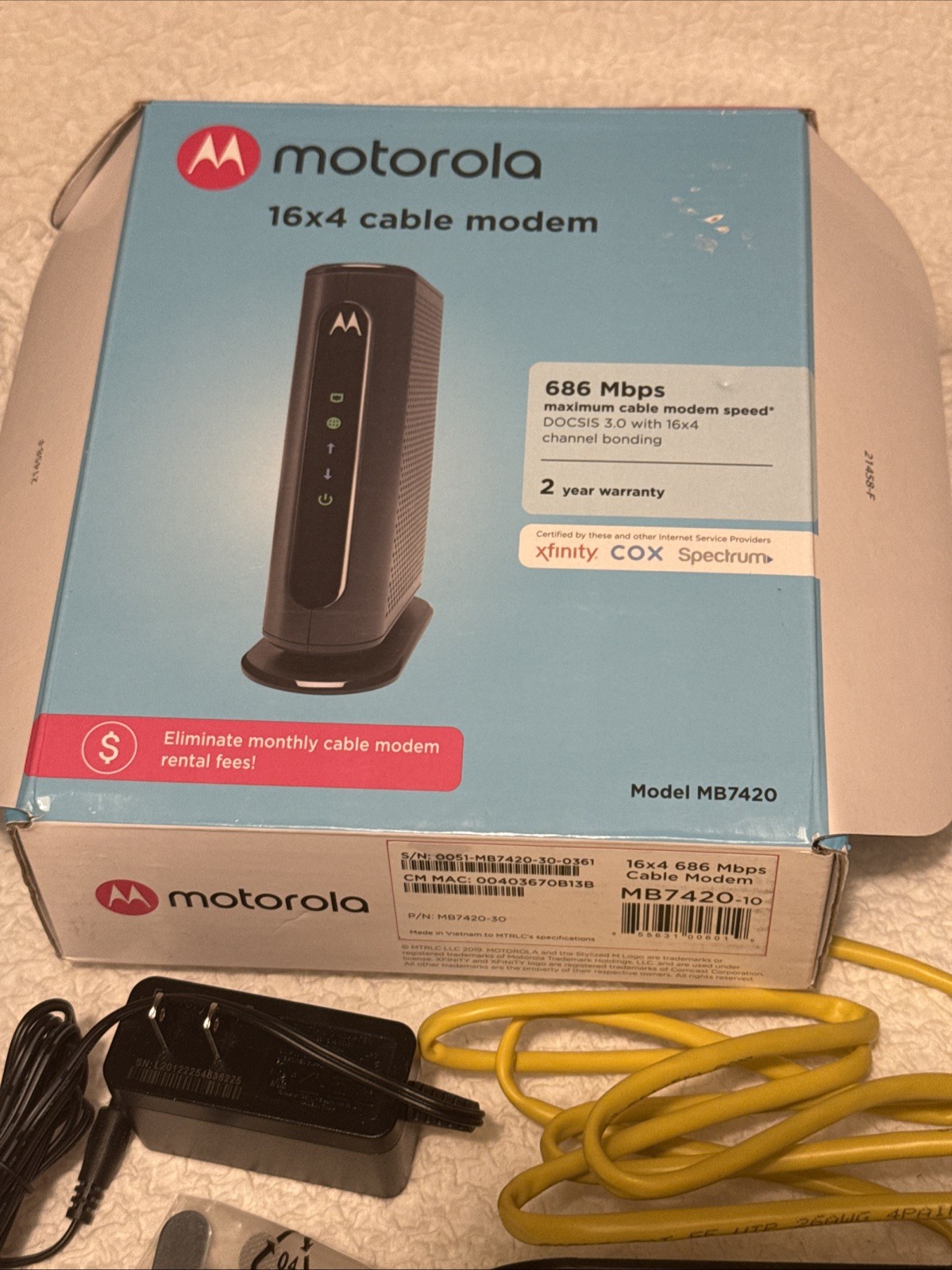 Motorola Cable Modem 16×4 686 Mbps Model MB7420 Comcast XFINITY Open Box