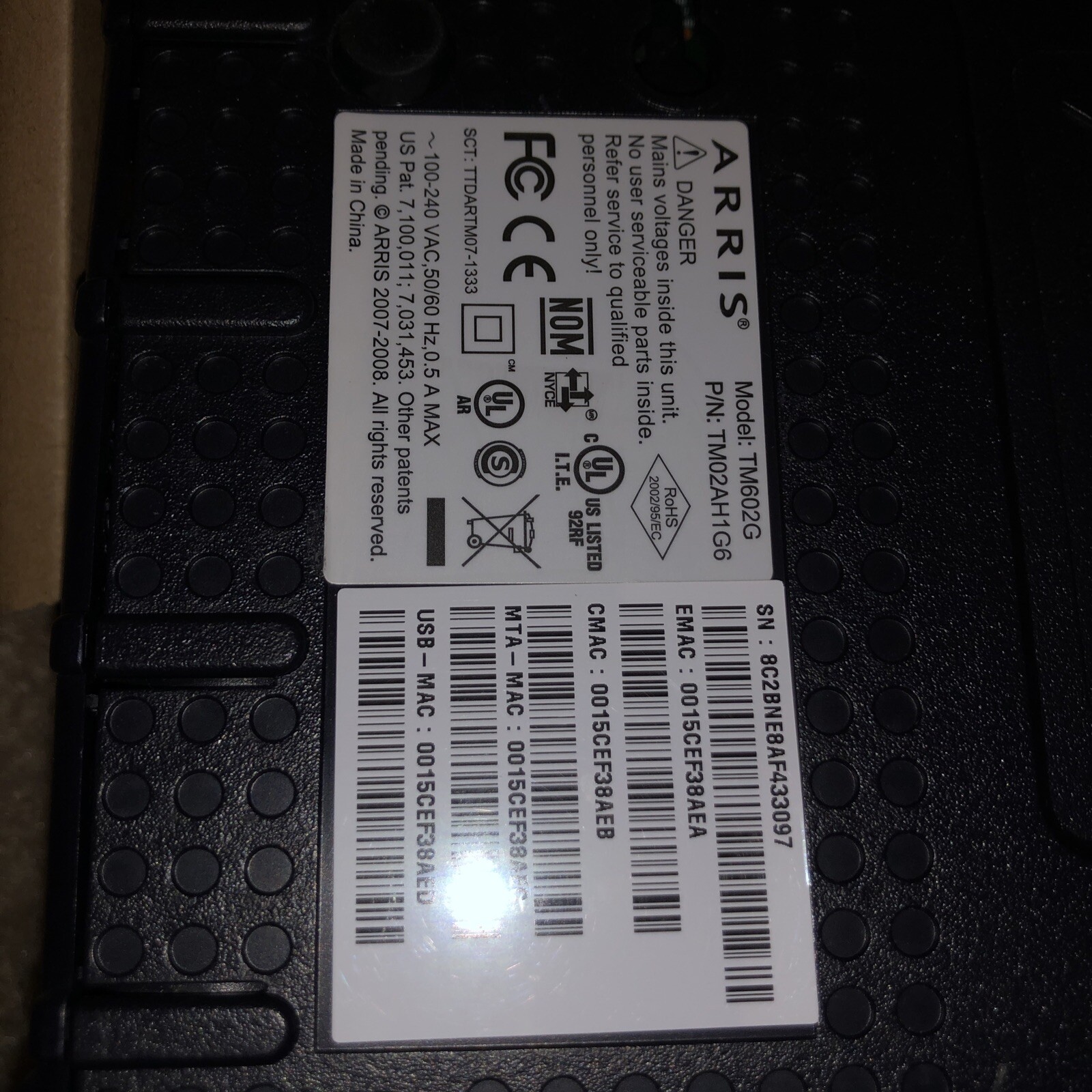 ARRIS TELEPHONY CABLE INTERNET MODEM TM602G